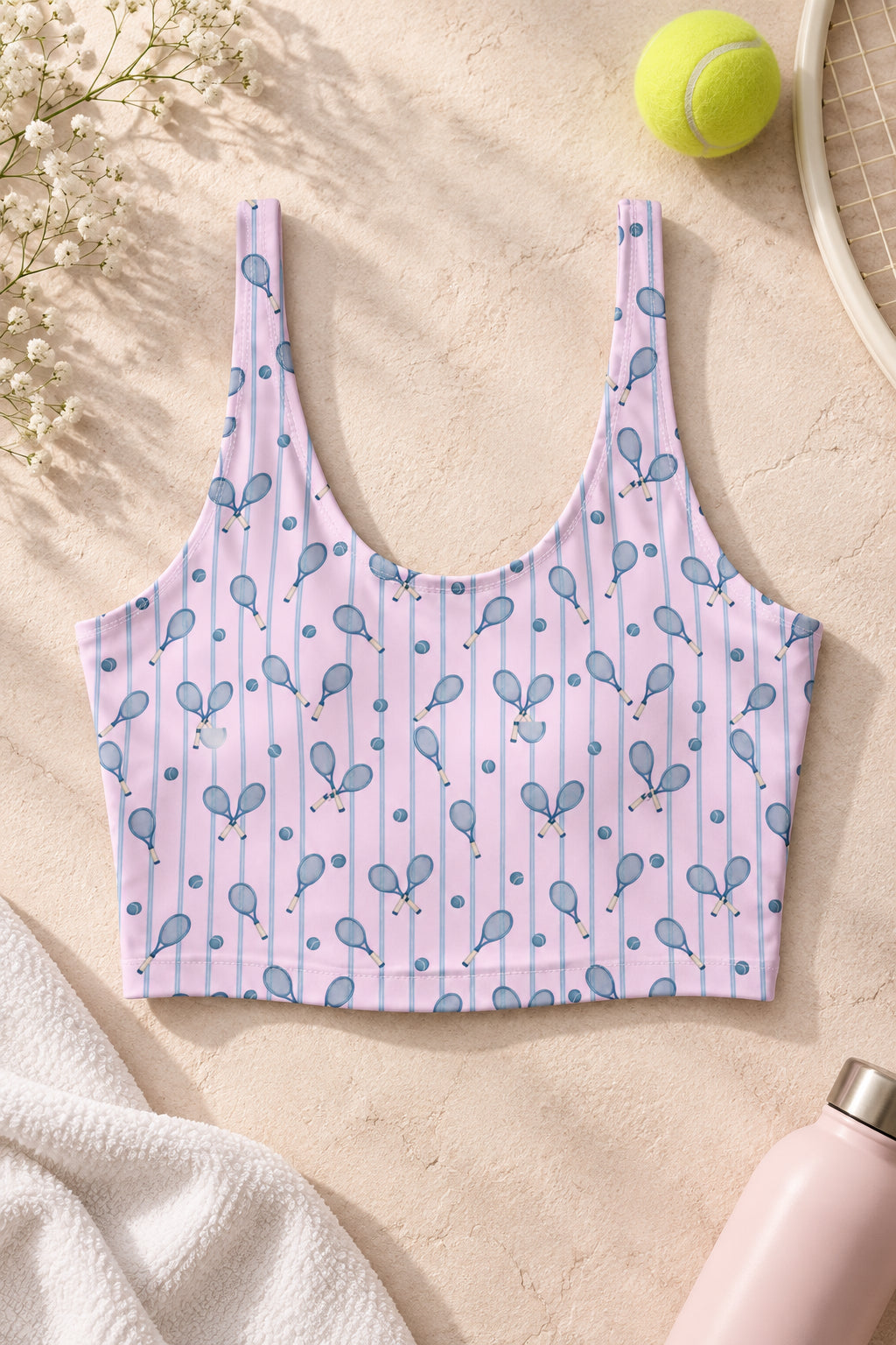 Pink tennis print sports bra with blue rackets and tennis balls displayed on a beige background with a tennis racket, ball, towel and pink water bottle.