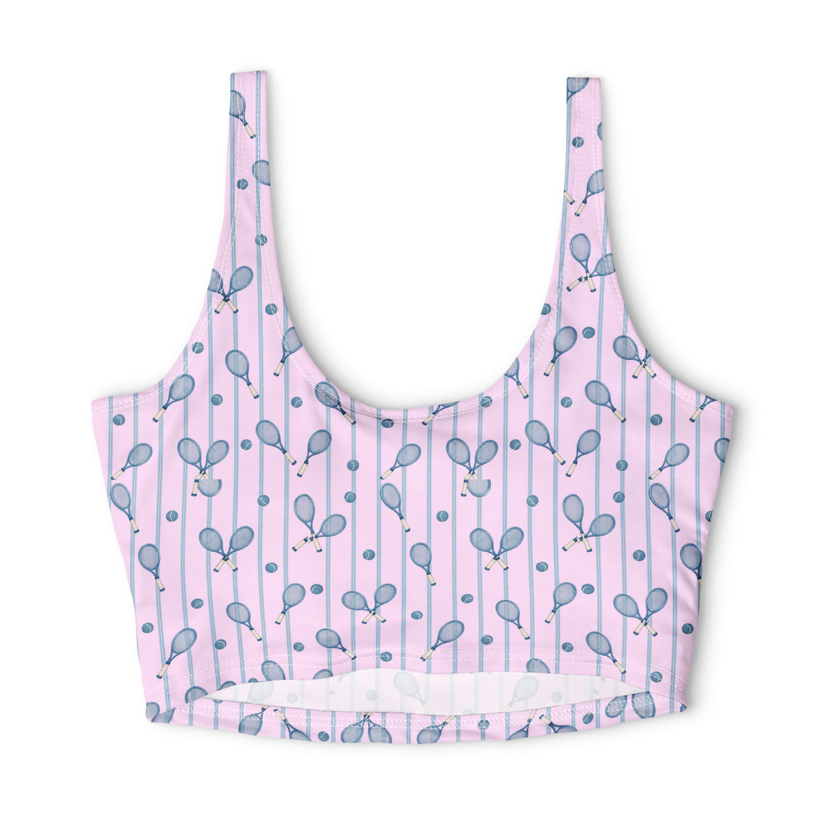 Back view of pink tennis print sports bra showing the U-shaped neckline, wide straps and blue tennis racket pattern on a white background.