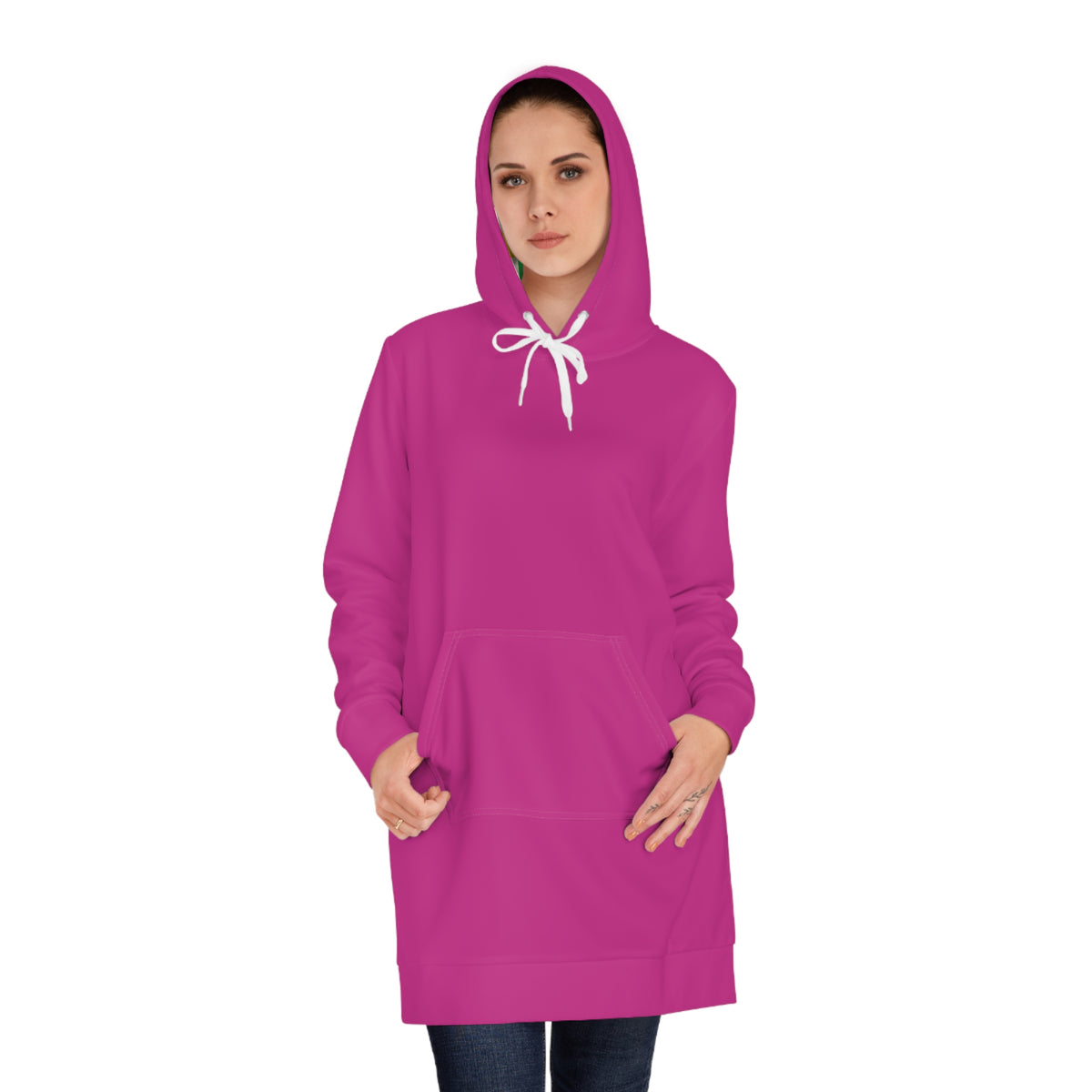 Woman wearing pink hooded sweatshirt dress front view with kangaroo pocket