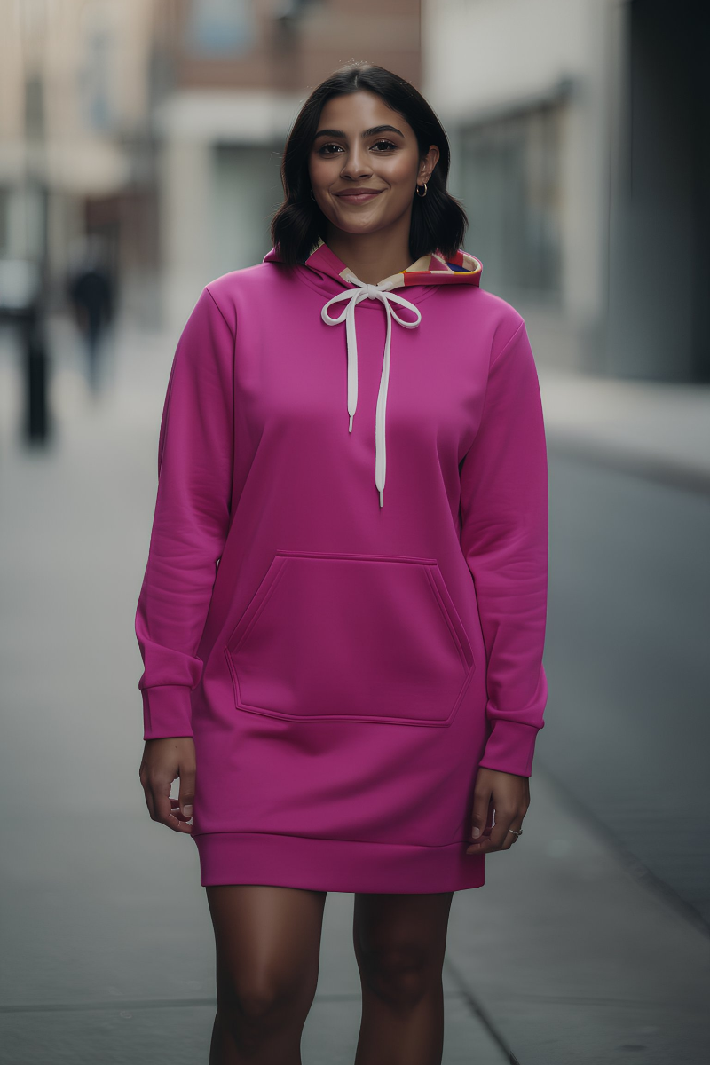 Woman wearing pink hoodie dress with colorful hood in an urban settin