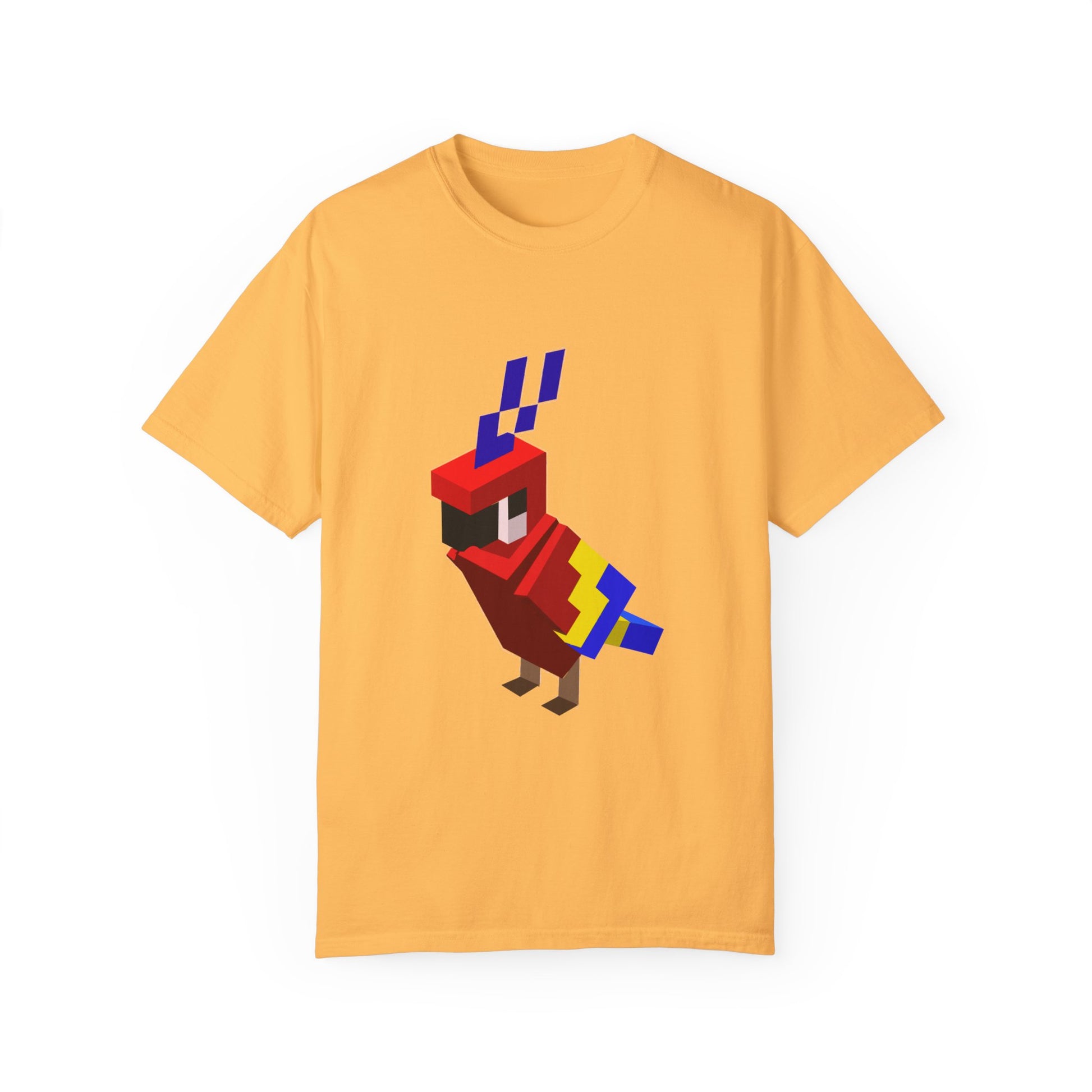 Pixel art parrot t-shirt in yellow with retro gaming graphic, unisex cotton tee