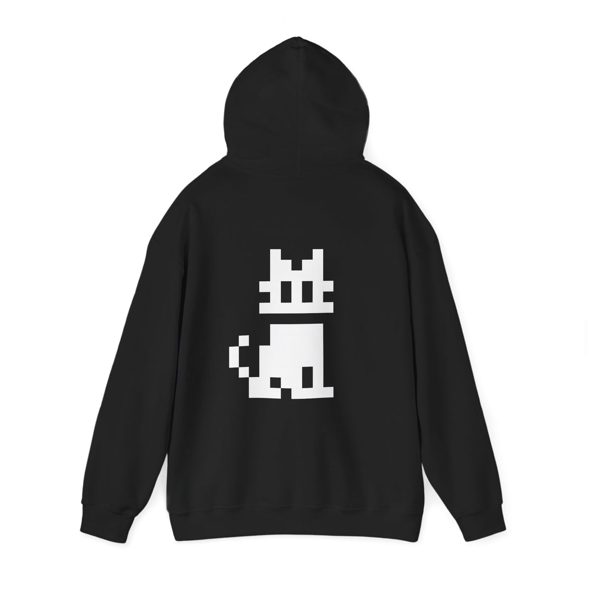 Black Pixel Cat Hoodie rear view with hood up and white pixel cat graphic