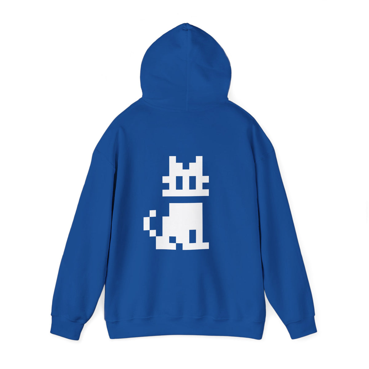 Blue Pixel Cat Hoodie rear view with hood up and white pixel cat graphic