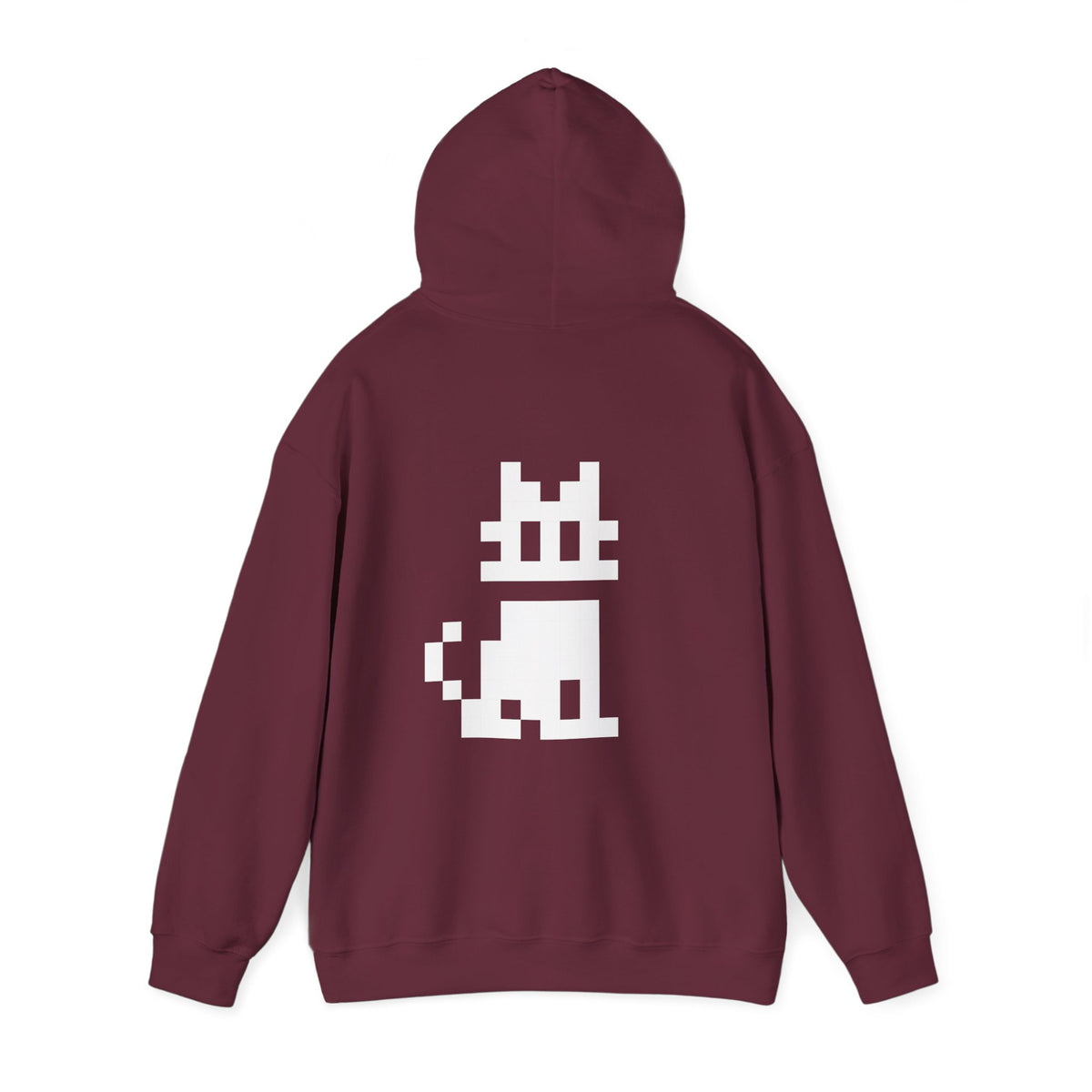 Burgundy Pixel Cat Hoodie rear view with hood up and 8-bit cat graphic