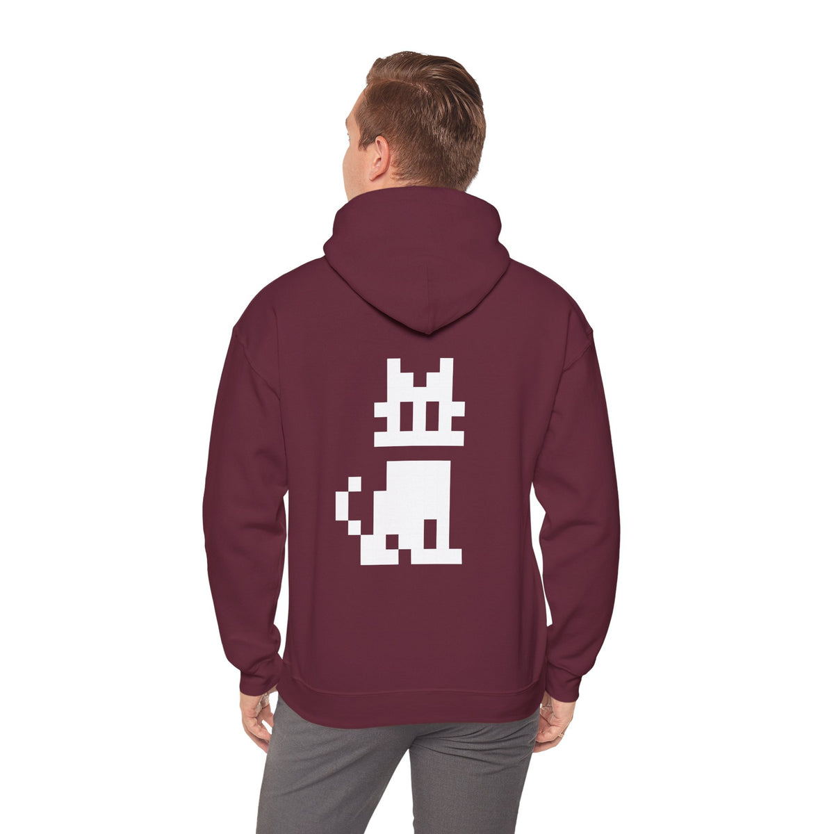 Pixel Cat Unisex Hoodie maroon back view worn by model