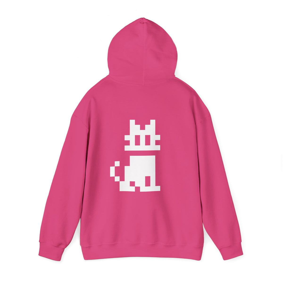 Pink Pixel Cat Hoodie rear view with hood up and white 8-bit graphic