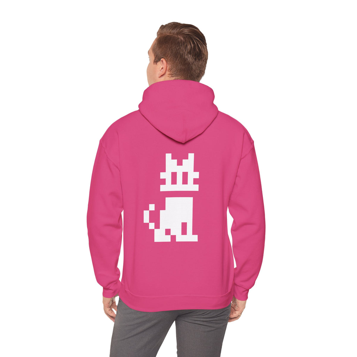 Pink Pixel Cat Unisex Hoodie worn from the back
