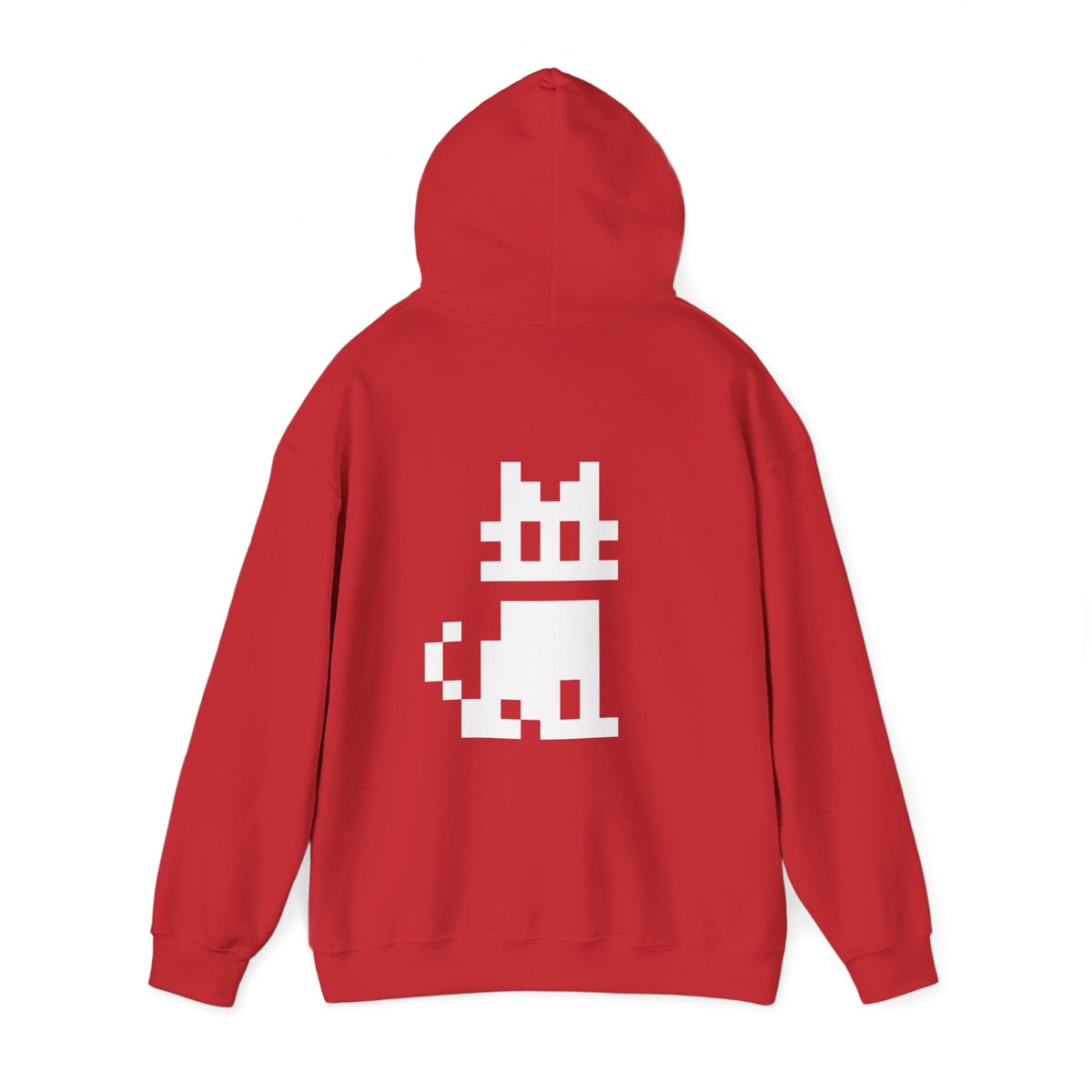 Red Pixel Cat Hoodie rear view with hood up and white pixel cat graphic