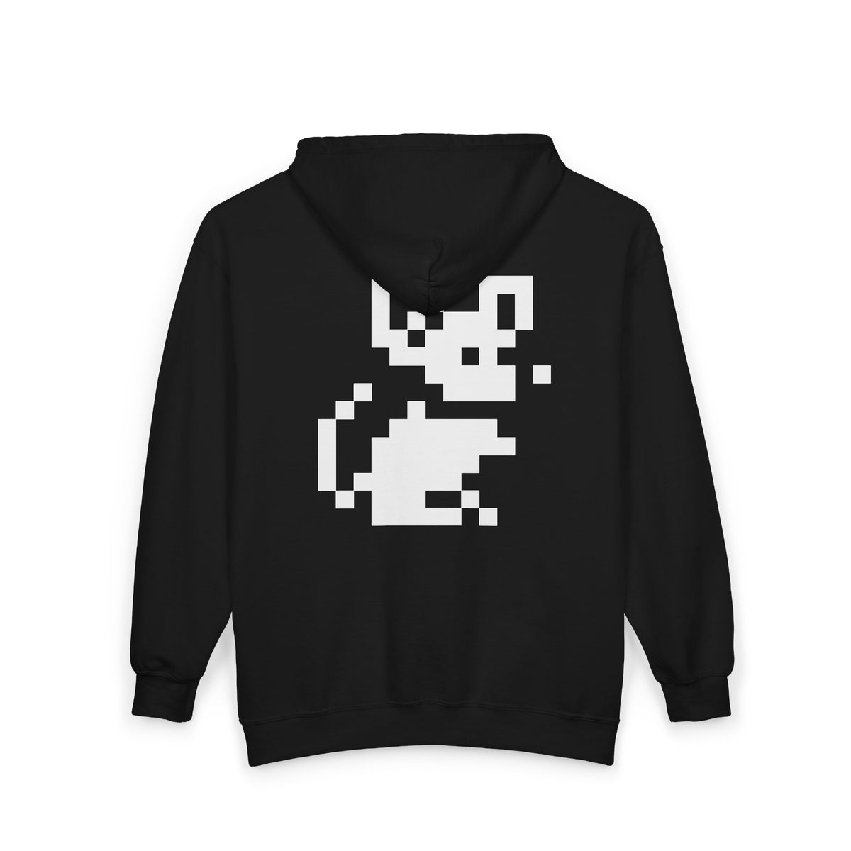 Black hoodie with a pixelated white graphic on the back against a white background