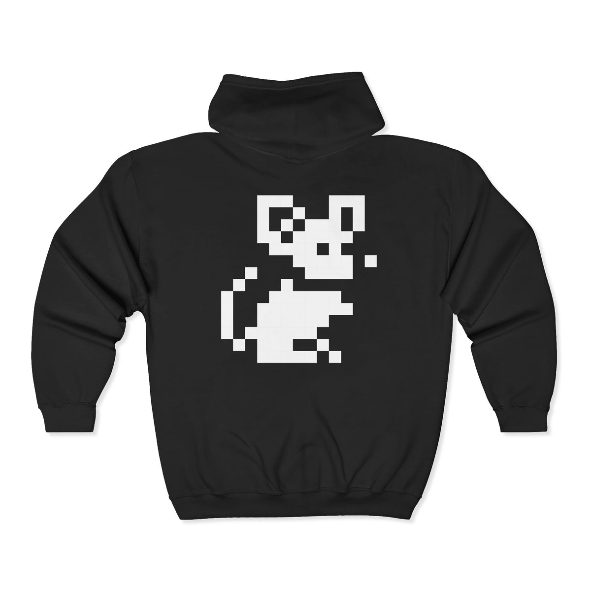 Black hoodie with a white pixelated graphic design on a white background
