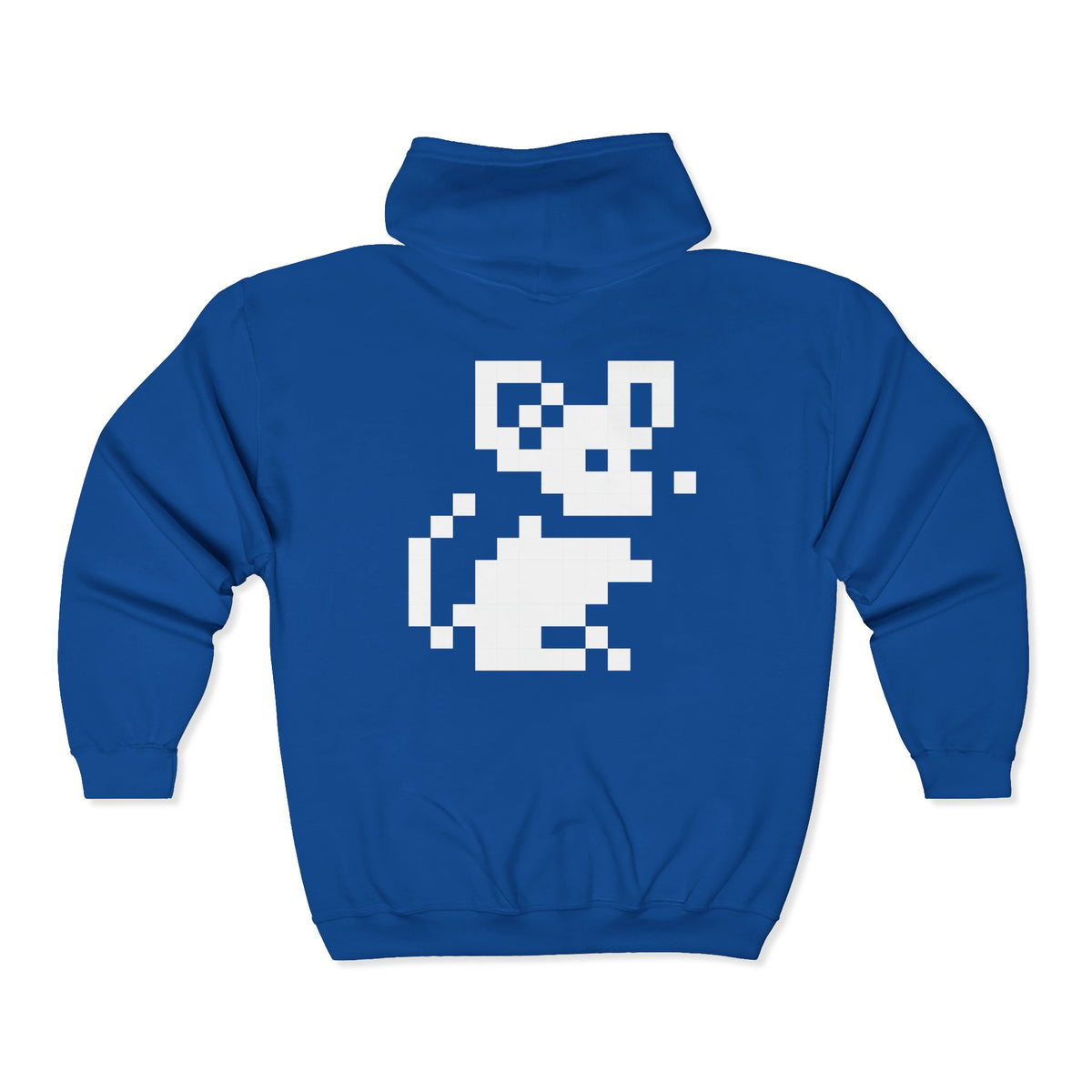 Blue Pixel Mouse Zip Hoodie back view with white pixel mouse graphic