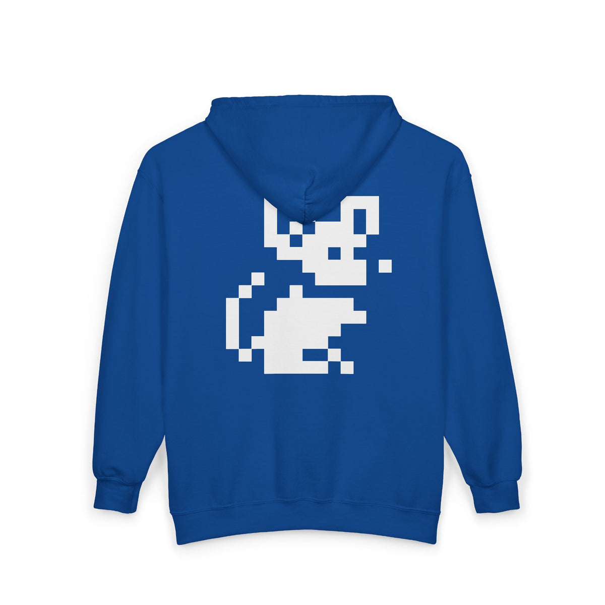 Blue hoodie with a white pixelated design on the back against a white background