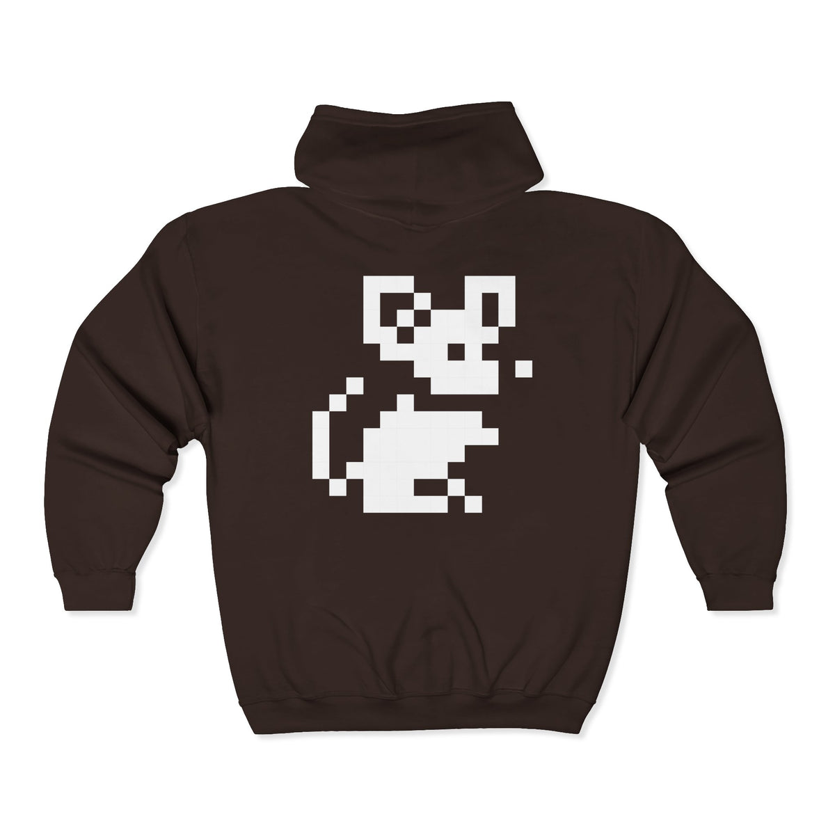Brown Pixel Mouse Zip Hoodie back view with white pixel mouse graphic