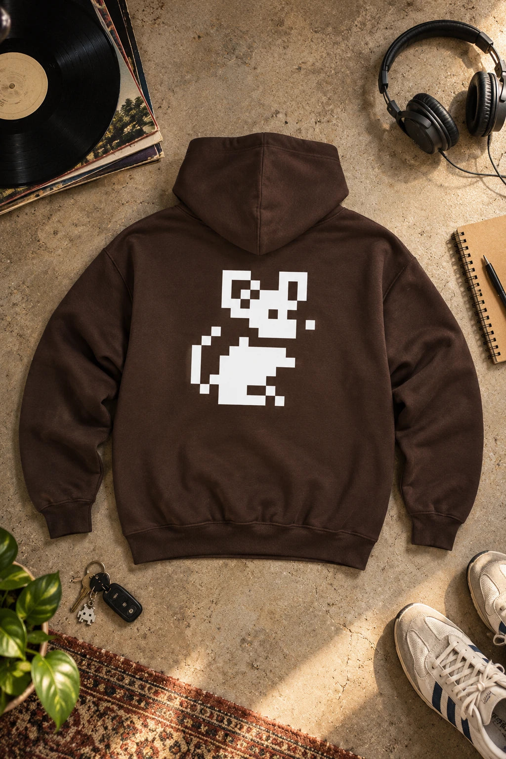 Brown Pixel Mouse Zip Hoodie back view editorial flat lay with white pixel graphic