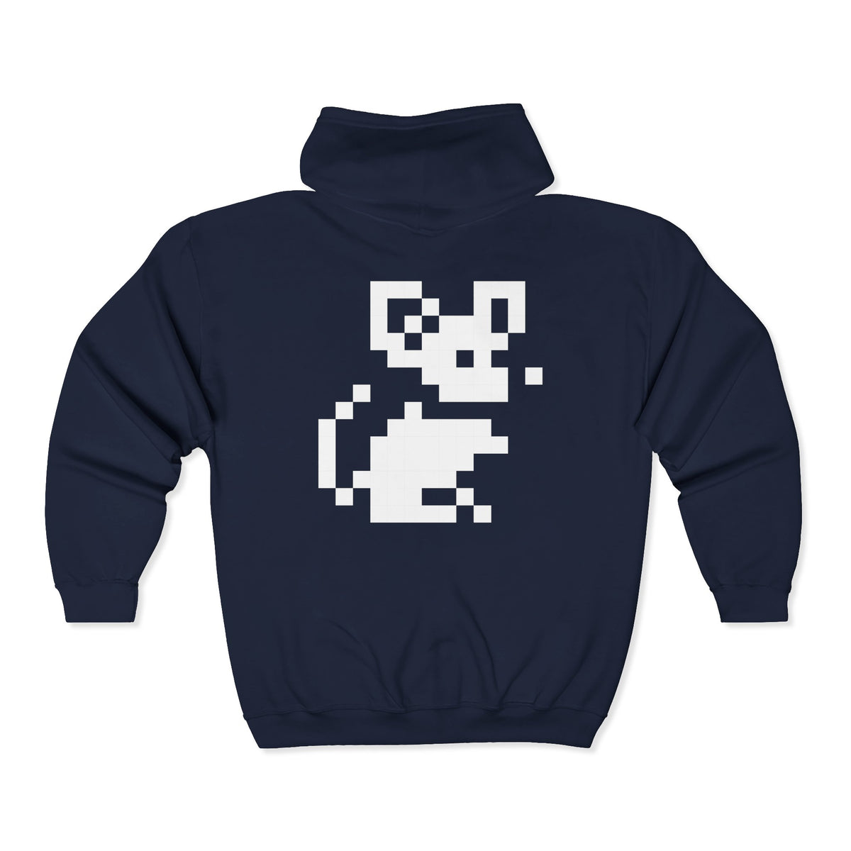 Navy Pixel Mouse Zip Hoodie back view with white pixel mouse graphic