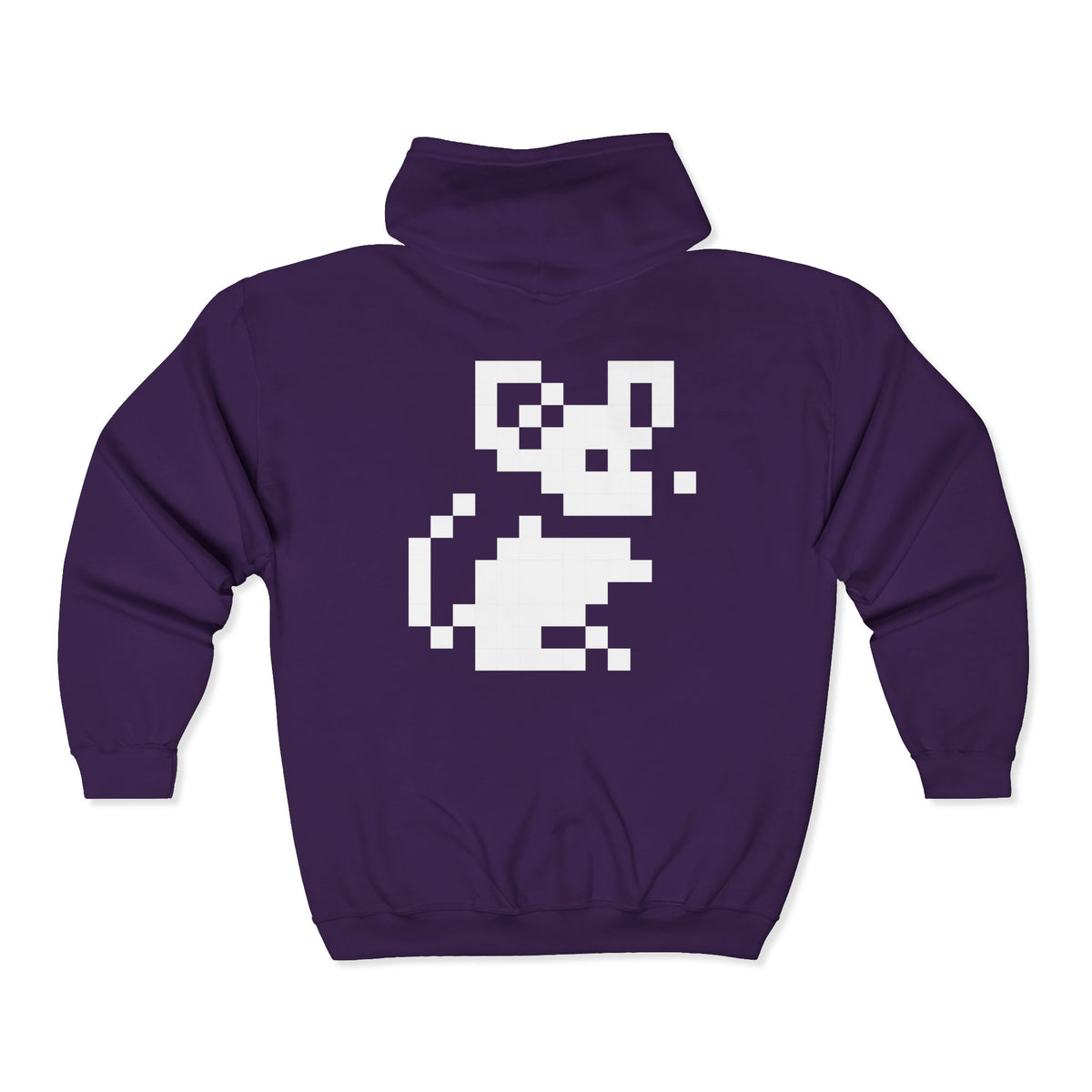 Purple hoodie with a white pixelated design on the back against a white background