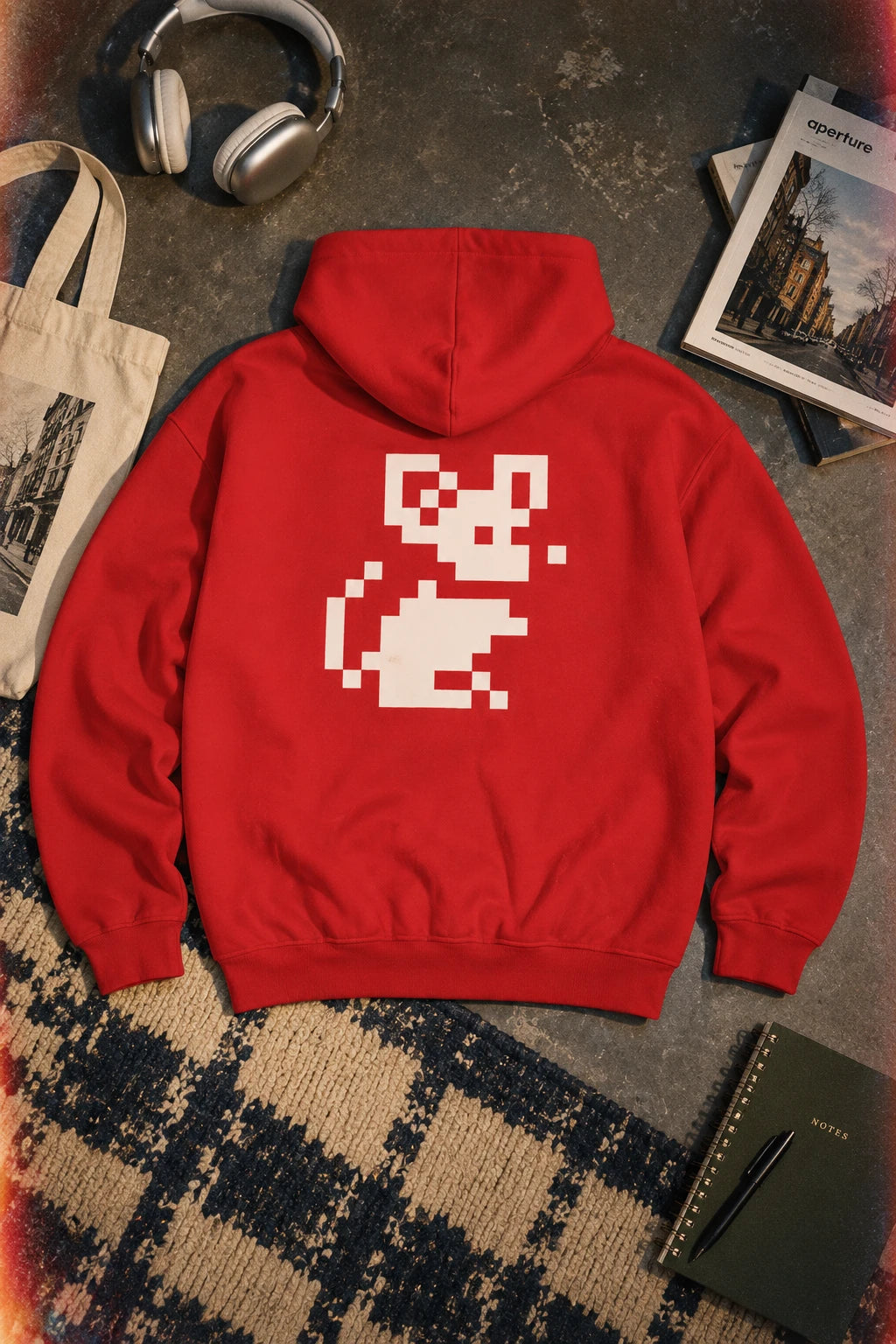 Red Pixel Mouse Zip Hoodie back view disposable camera style flat lay