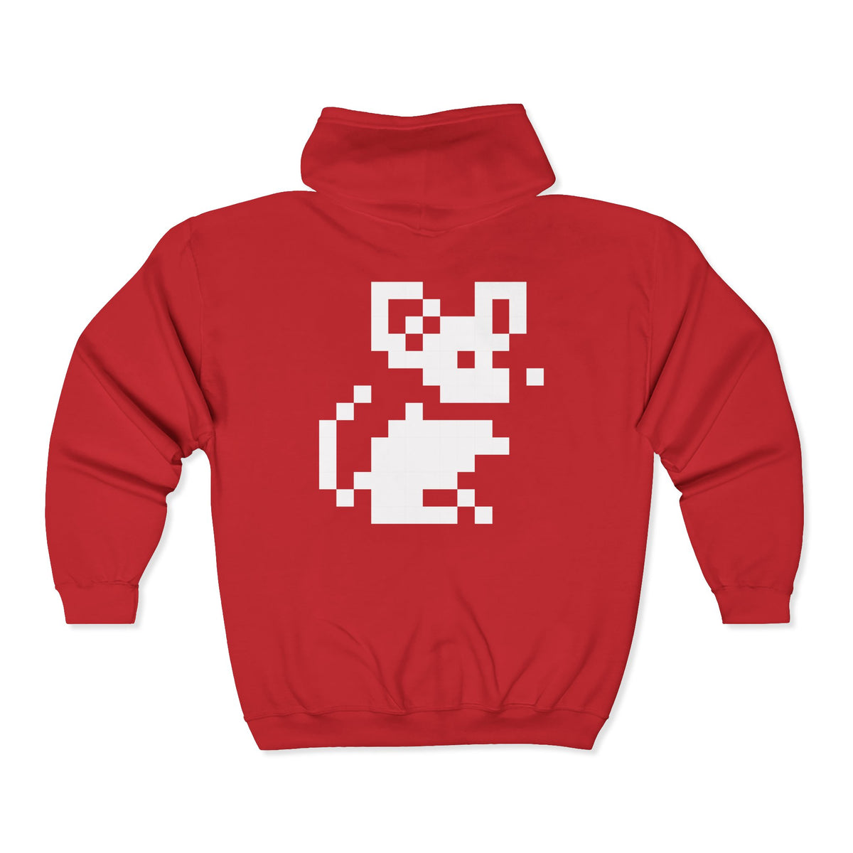 Red hoodie with a white pixelated design on the back against a white background