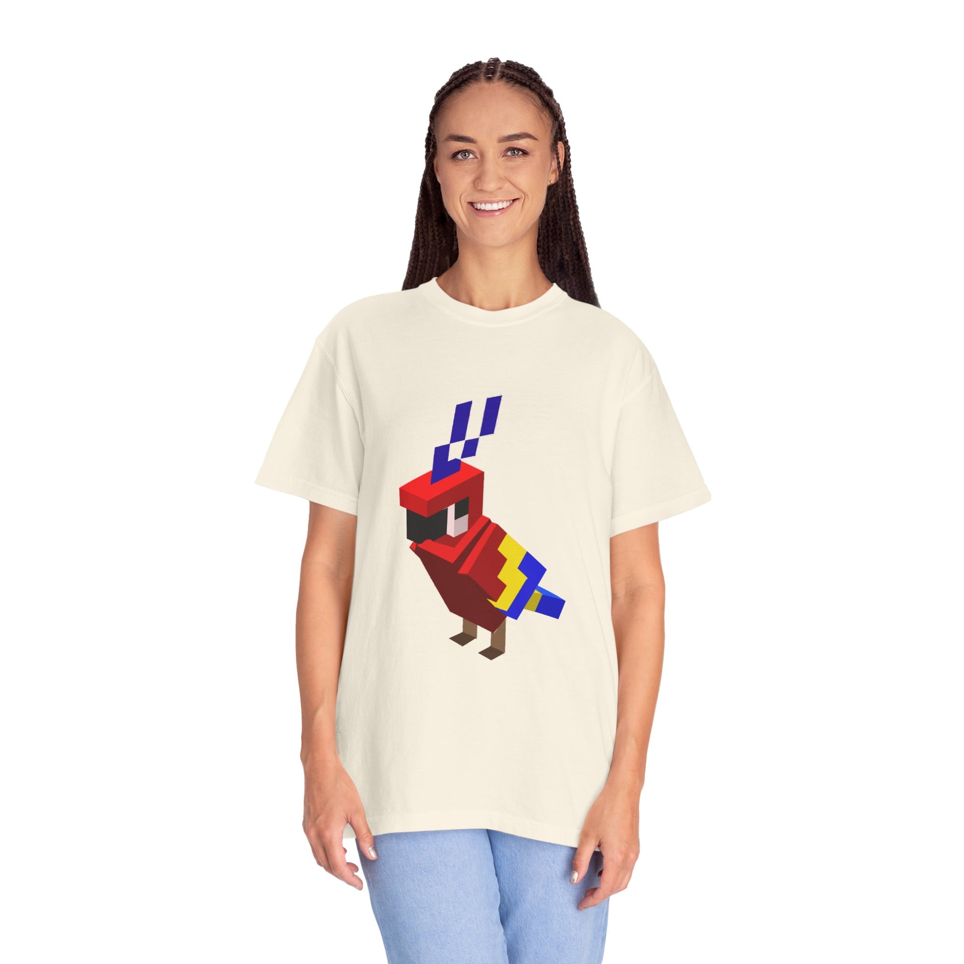female model wearing cream pixel art parrot t-shirt, unisex retro gaming graphic tee, front view