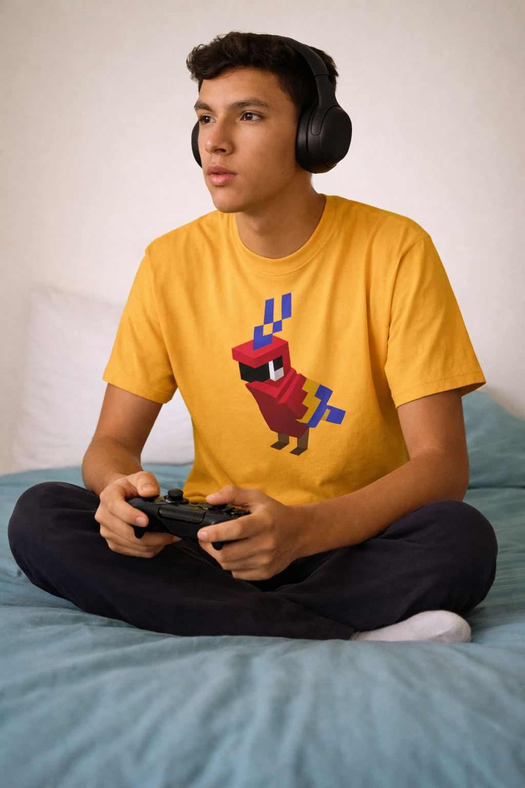 young gamer wearing pixel art parrot t-shirt yellow retro gaming graphic tee