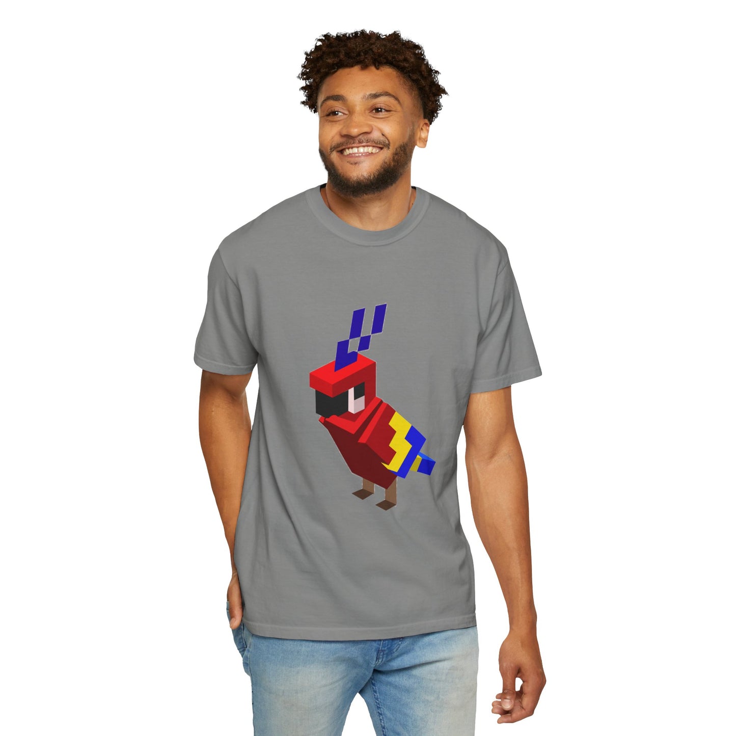 male model wearing gray pixel art parrot t-shirt, unisex retro gaming graphic tee, front view
