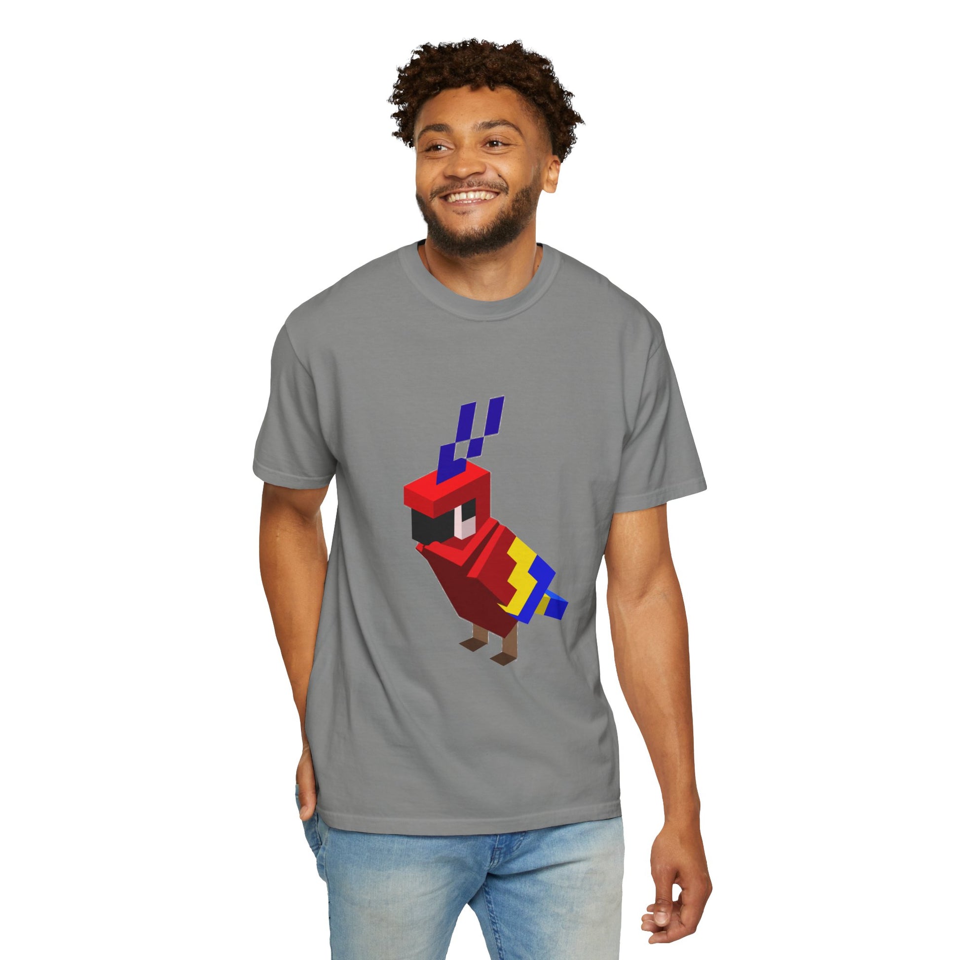 male model wearing gray pixel art parrot t-shirt, unisex retro gaming graphic tee, front view
