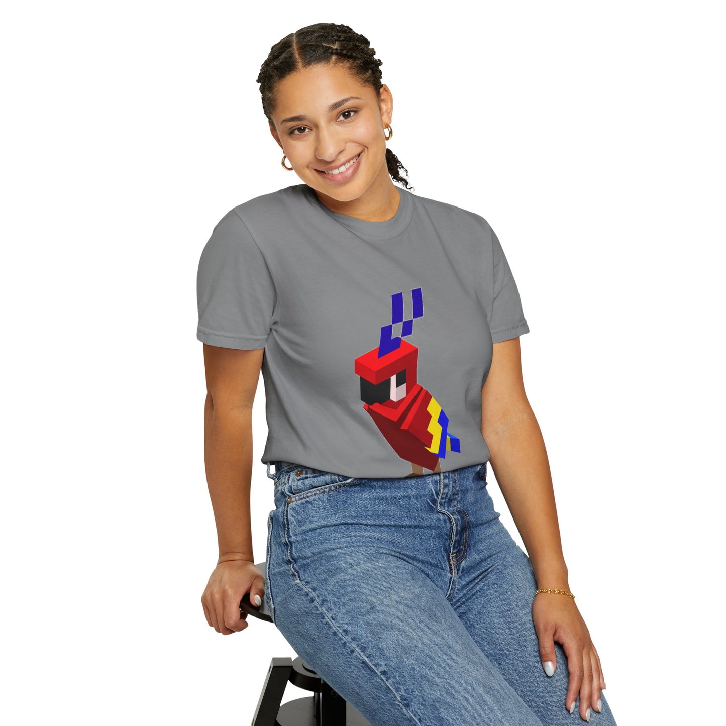 female model wearing gray pixel art parrot t-shirt, unisex retro gaming graphic tee, casual fit