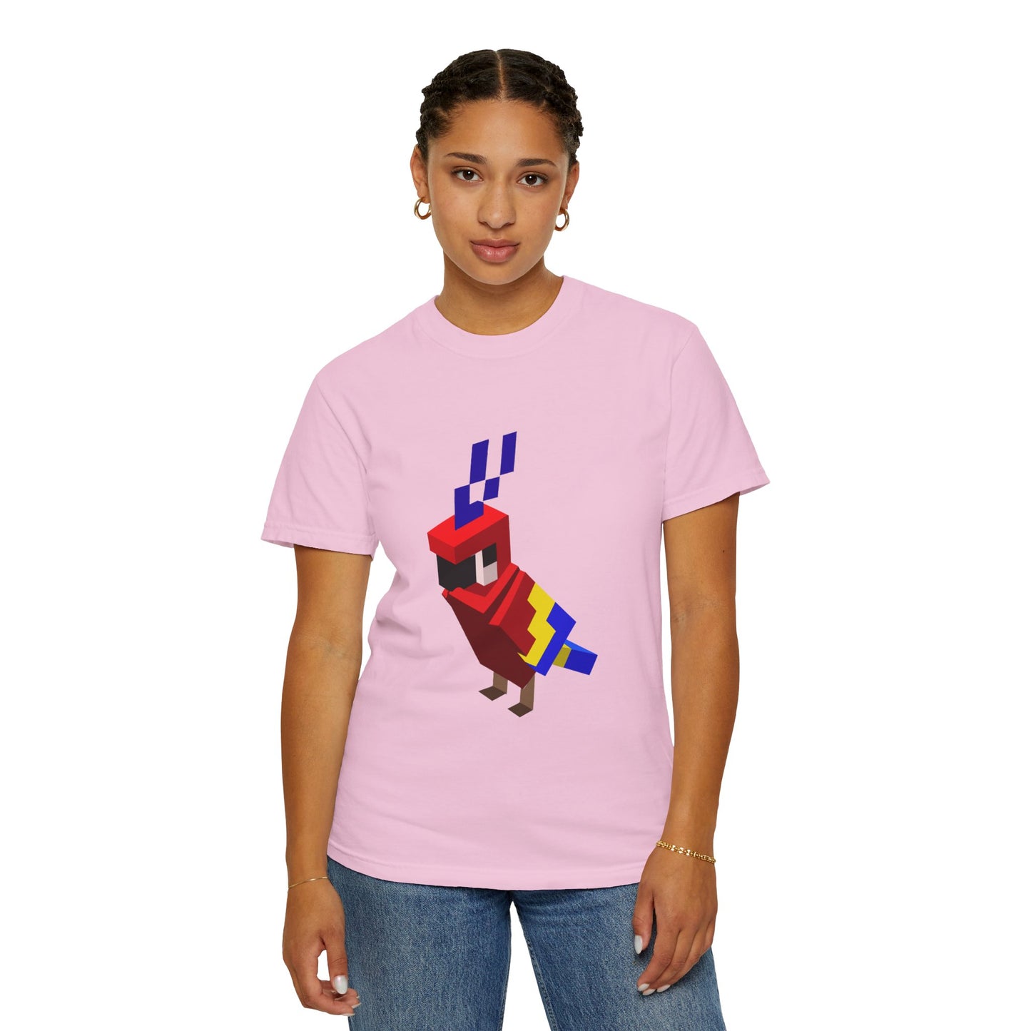 female model wearing pink pixel art parrot t-shirt, unisex retro gaming graphic tee, front view