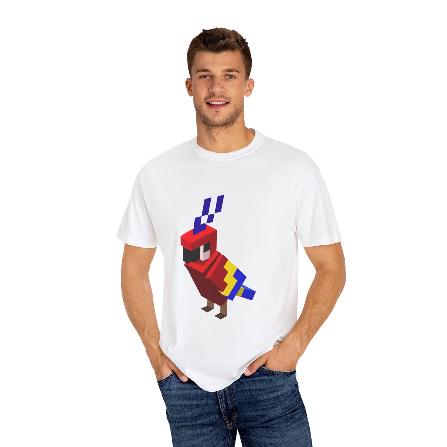 male model wearing white pixel art parrot t-shirt, unisex retro gaming graphic tee, front view