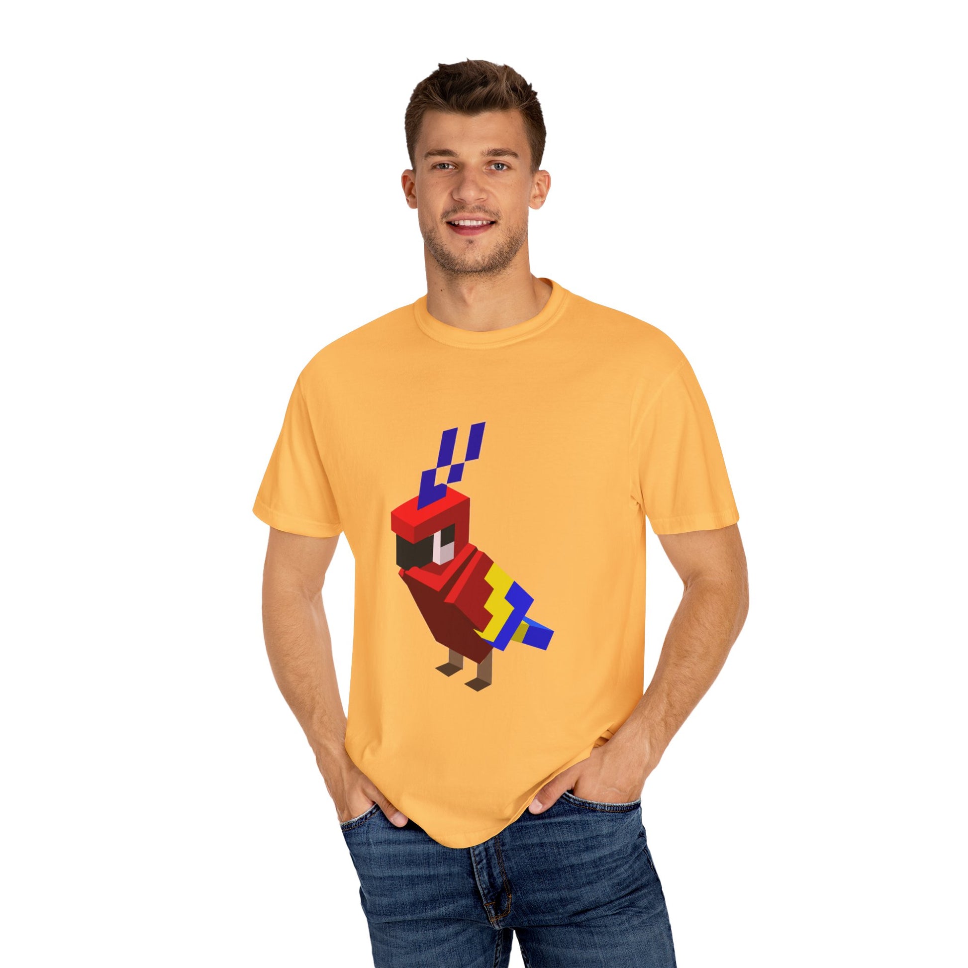 male model wearing pixel art parrot t-shirt yellow unisex retro gaming graphic tee front view