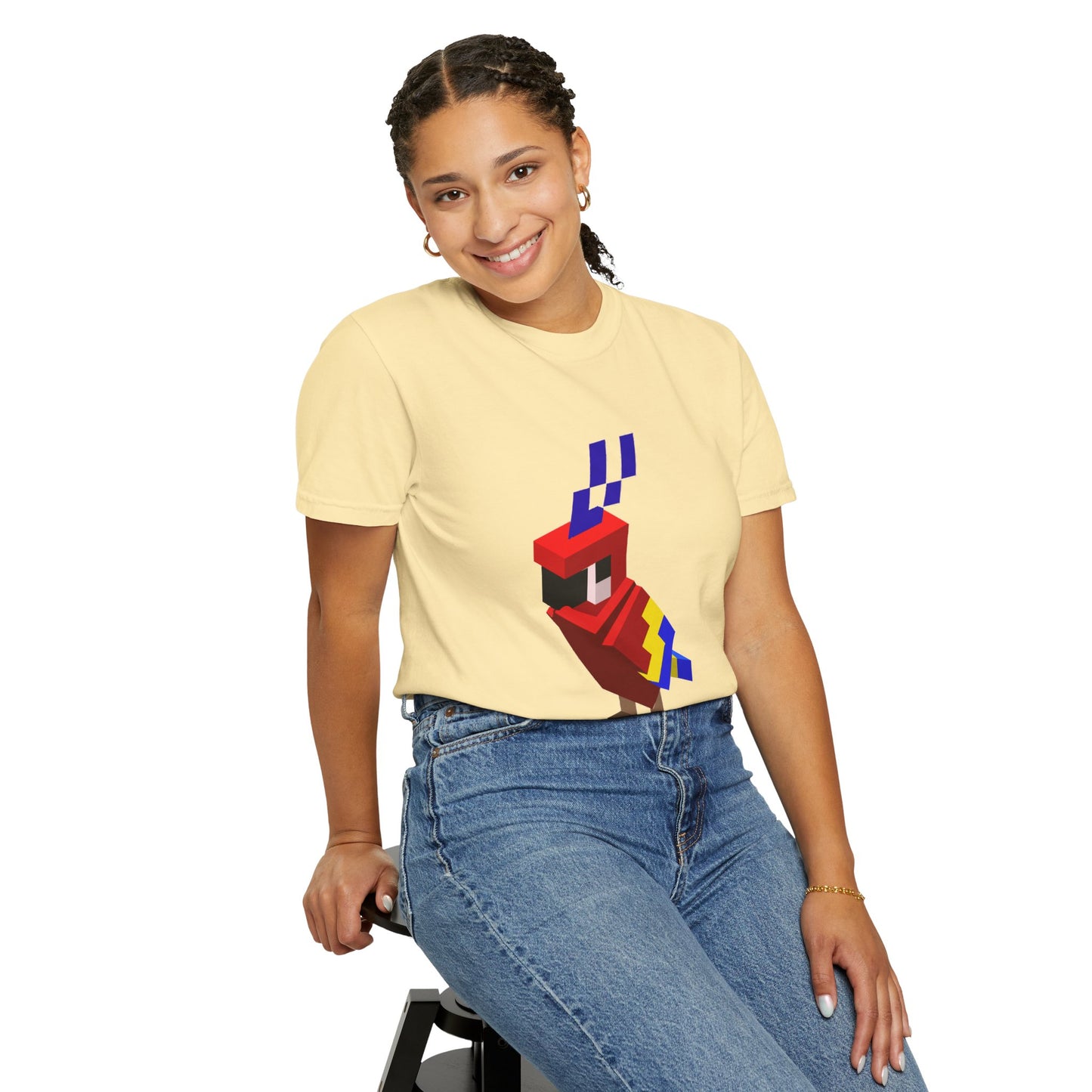 female model wearing yellow pixel art parrot t-shirt, unisex retro gaming graphic tee, casual fit