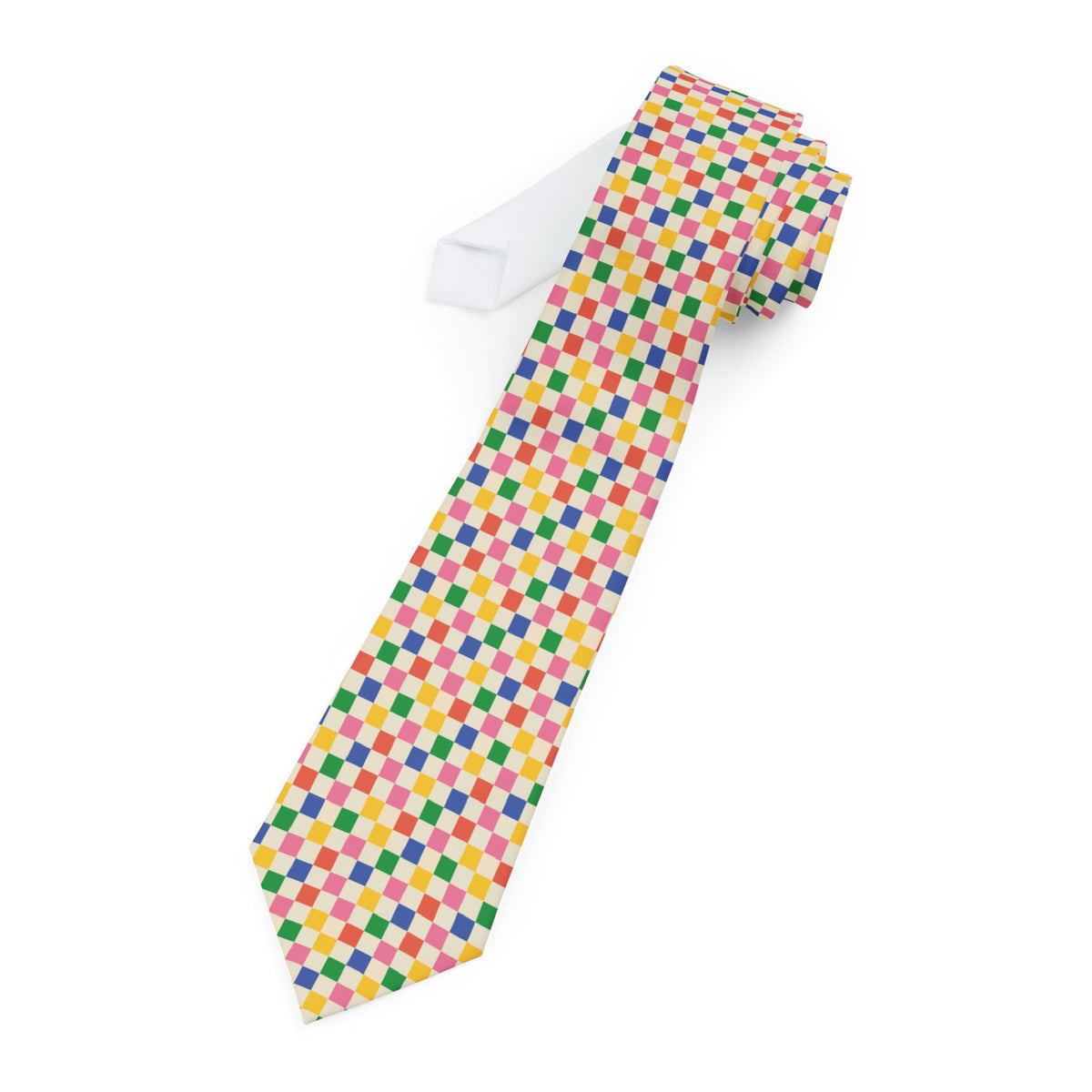 Retro gaming necktie with small pink, yellow, green, red and blue checks on a cream background.
