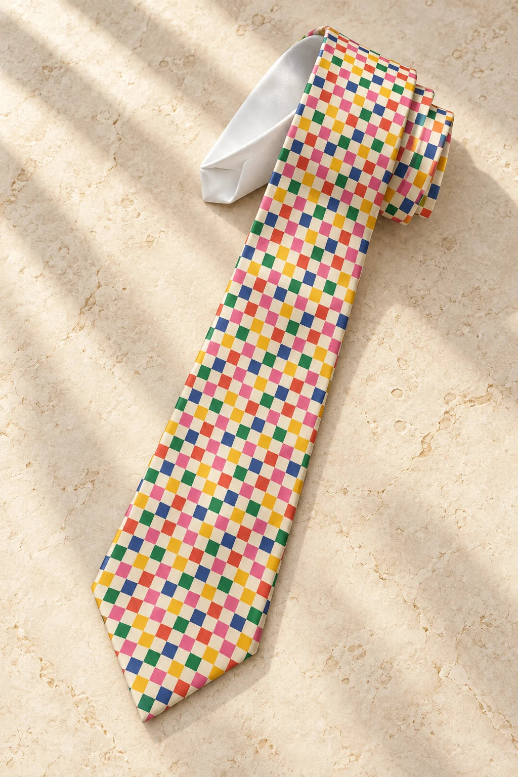 Colorful pixel pattern necktie folded on warm ivory stone, showing its multicolored checkerboard design.