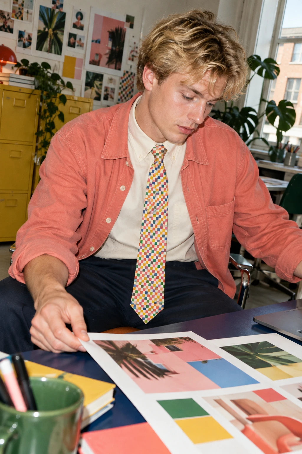 Man wearing a colorful pixel pattern necktie with a coral overshirt while reviewing designs in a creative office.