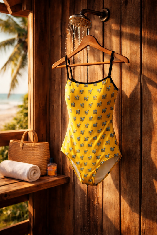 Pixel Safari One-Piece Swimsuit yellow graphic print hanging outdoors near beach shower, women’s summer swimwear product image