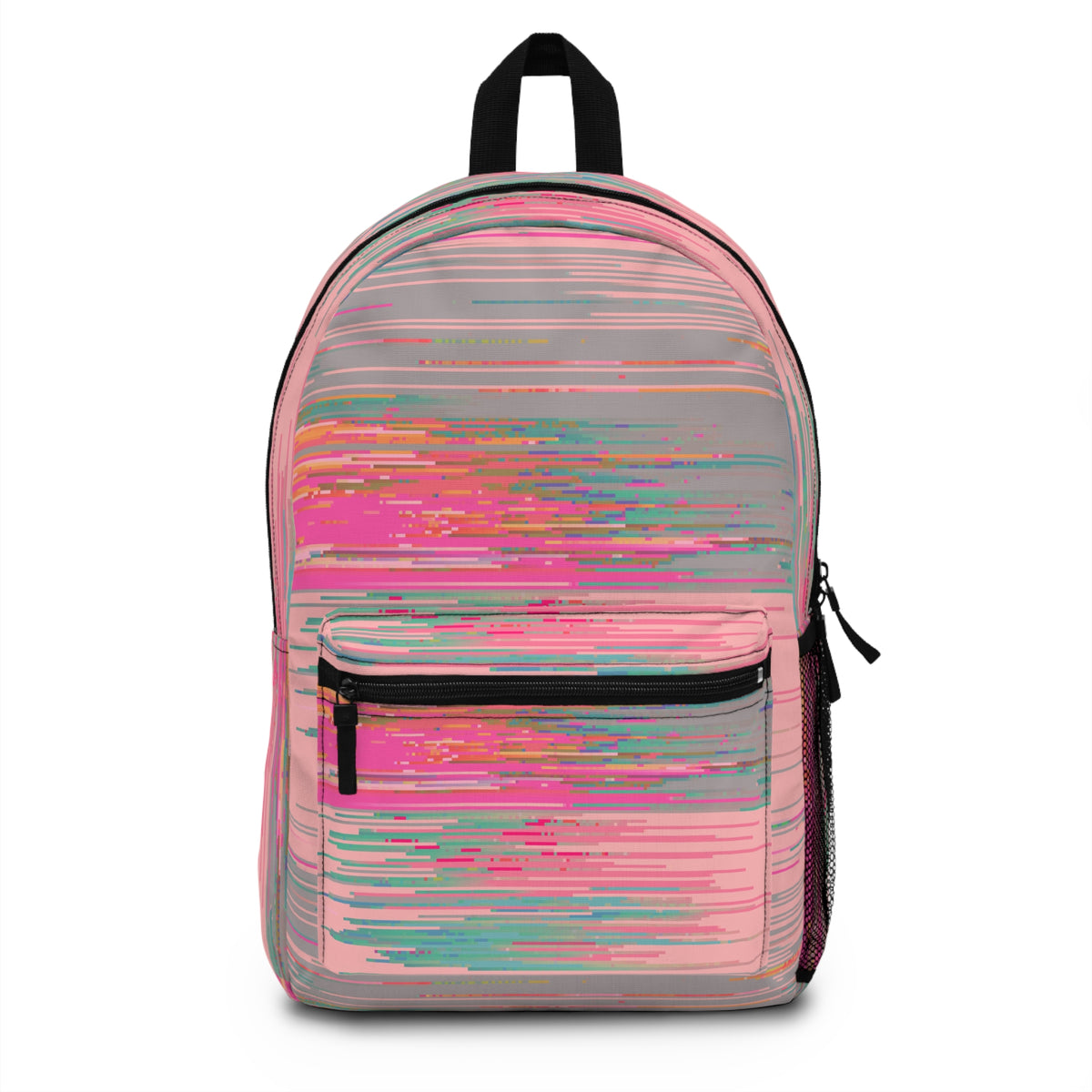 Front view of the PixelPop Backpack with a pink, grey and teal glitch pattern, black zippers and a front pocket.