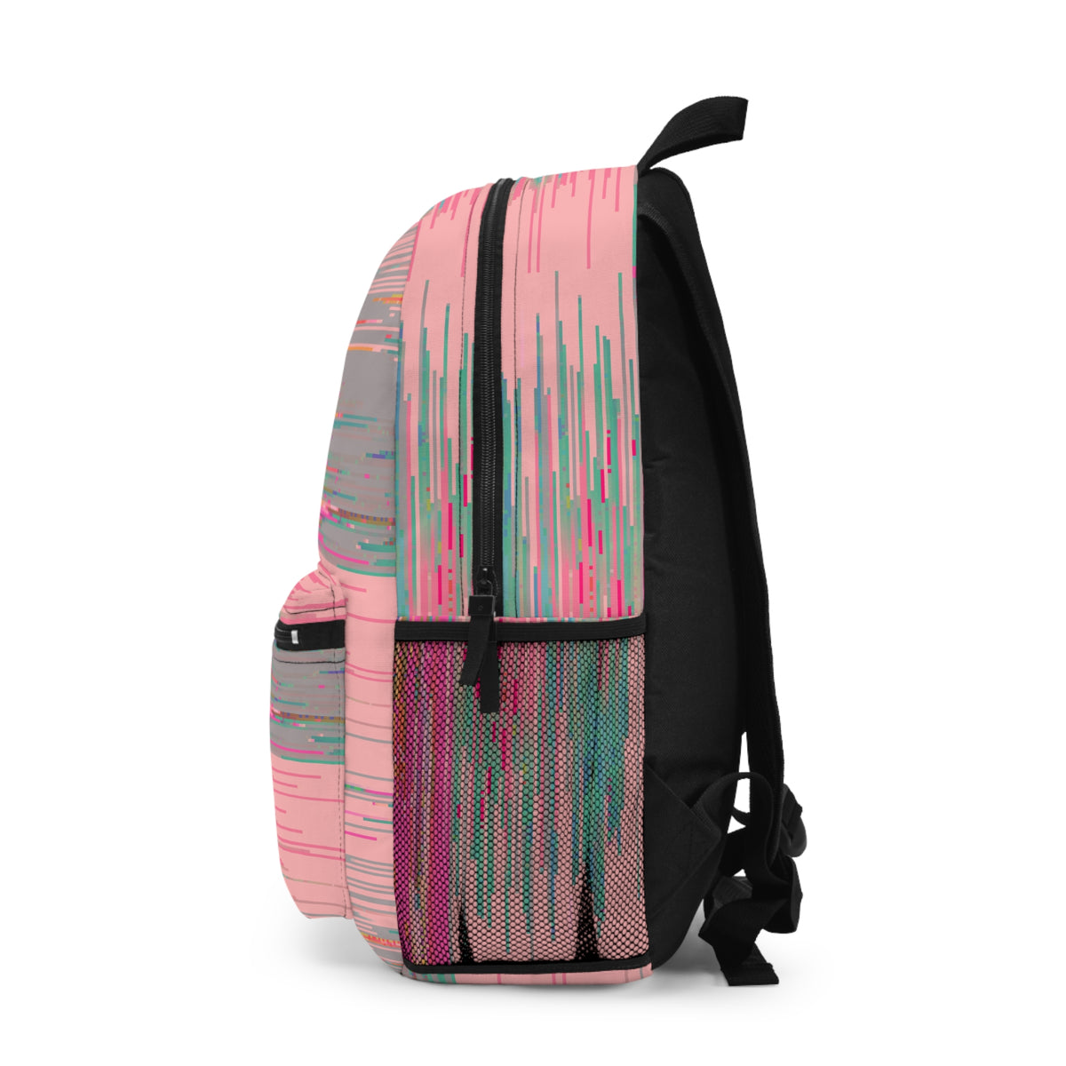 Side view of the PixelPop Backpack showing its black mesh pocket, pink glitch pattern and shoulder strap.