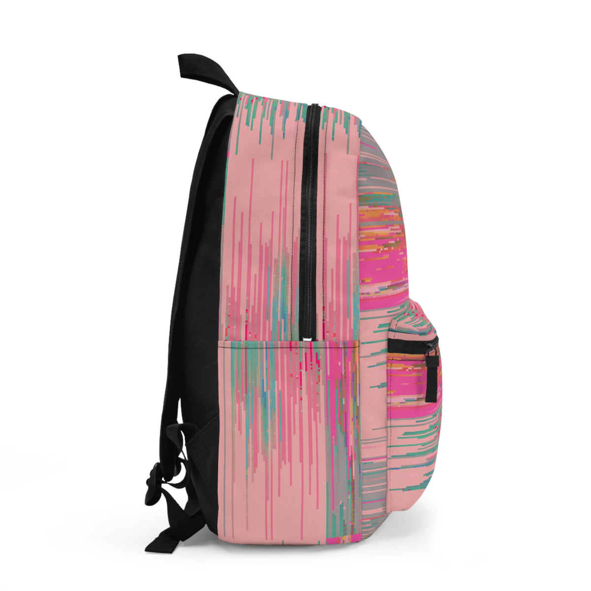 Side profile of the PixelPop Backpack showing its pink glitch pattern, main zipper and black shoulder straps.