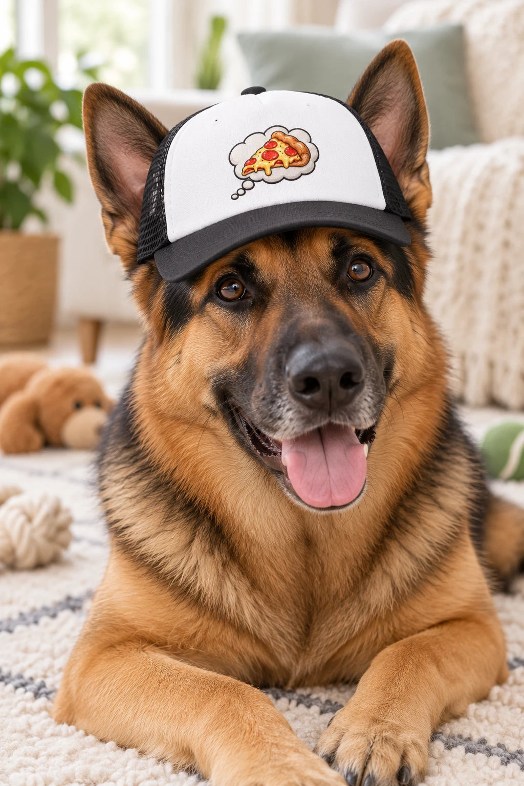 German Shepherd wearing the black Pizza Dream dog trucker hat with pizza thought bubble design