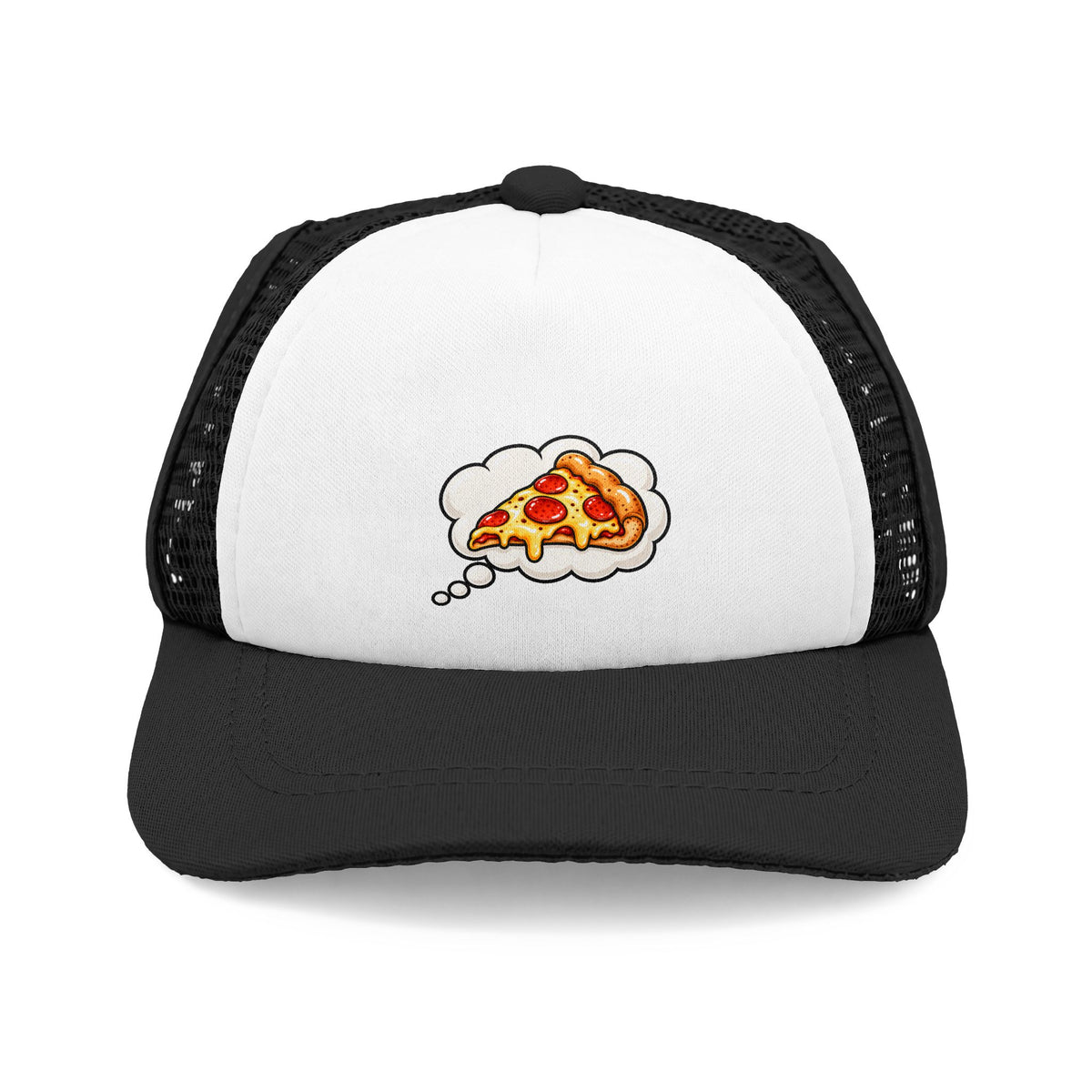 Black and white Pizza Dream dog trucker hat with cartoon pizza thought bubble graphic