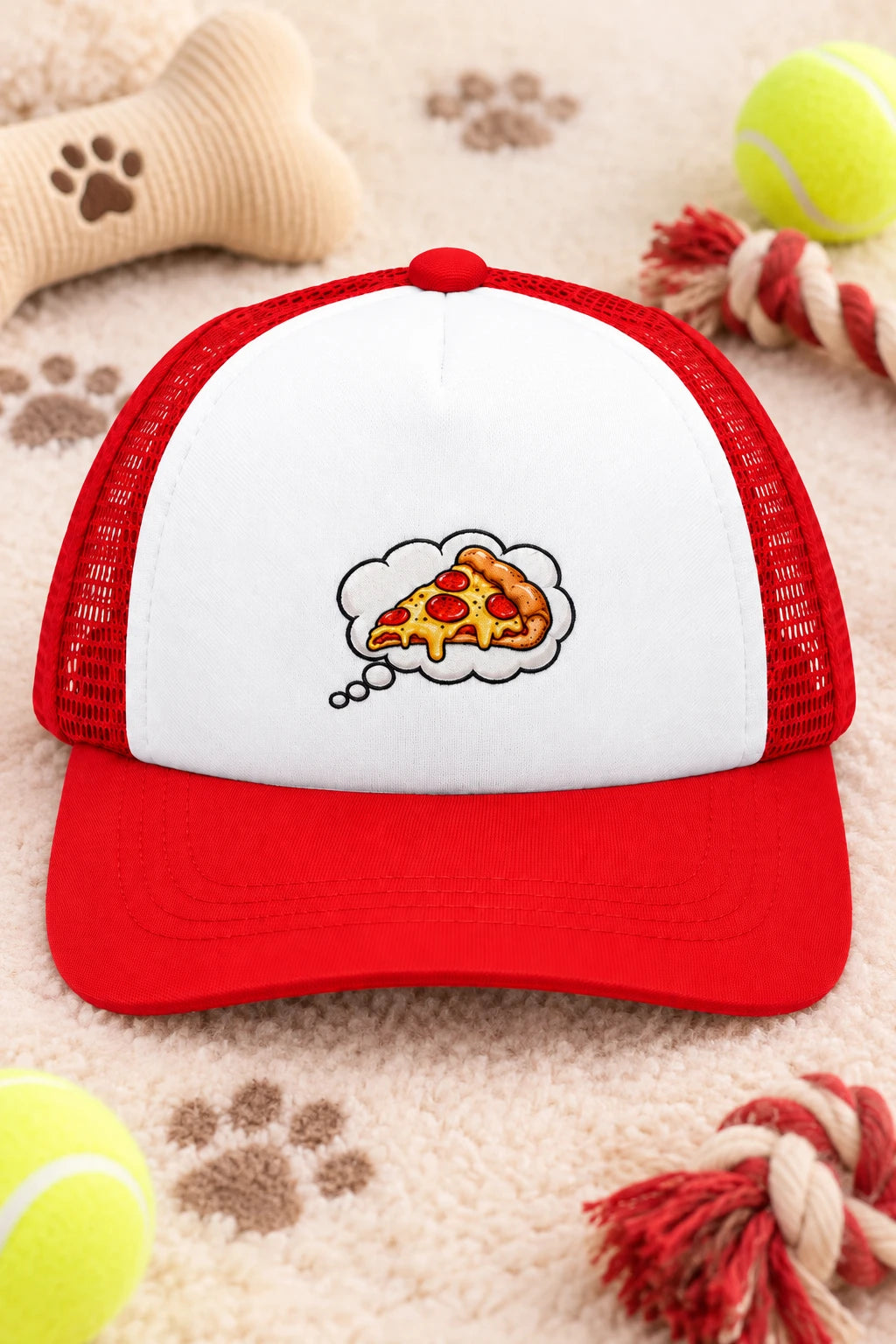 Red Pizza Dream dog trucker hat flat lay with white front panel and pizza thought bubble design