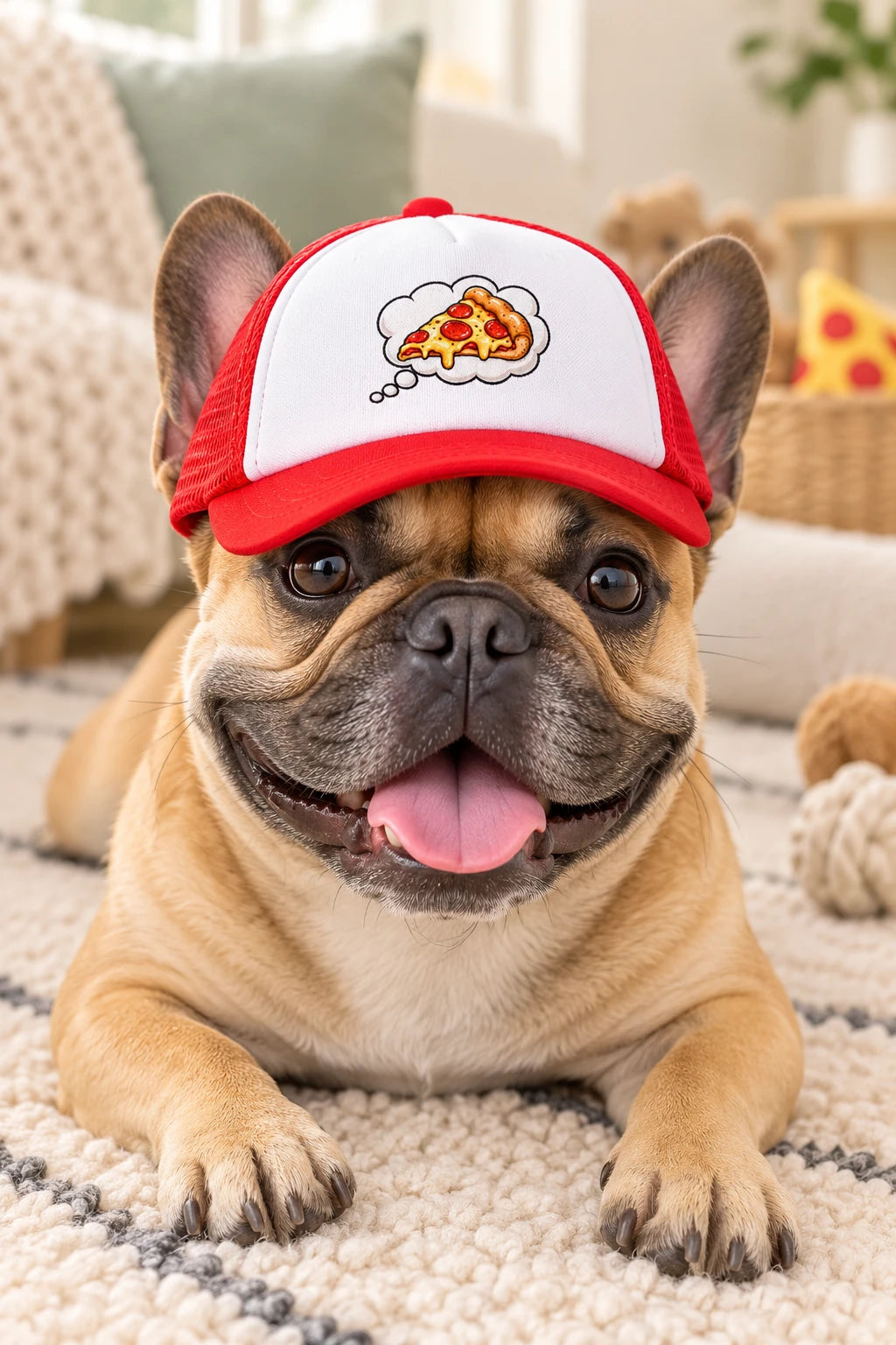 French Bulldog wearing the red Pizza Dream dog trucker hat with pizza thought bubble design