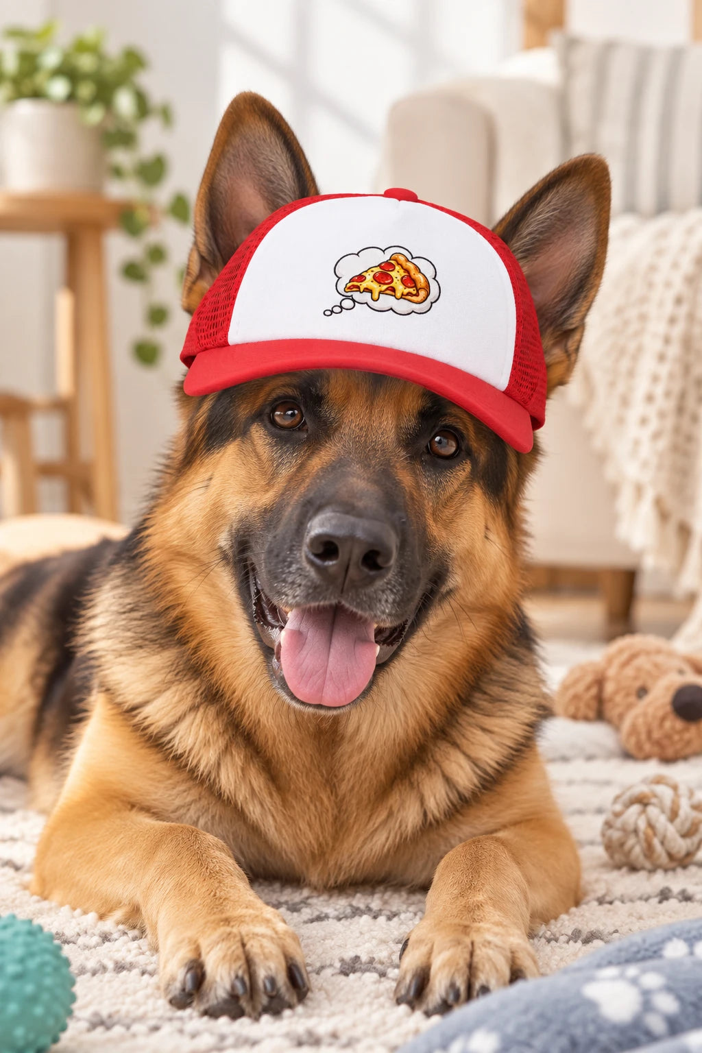German Shepherd wearing the red Pizza Dream dog trucker hat with pizza thought bubble design