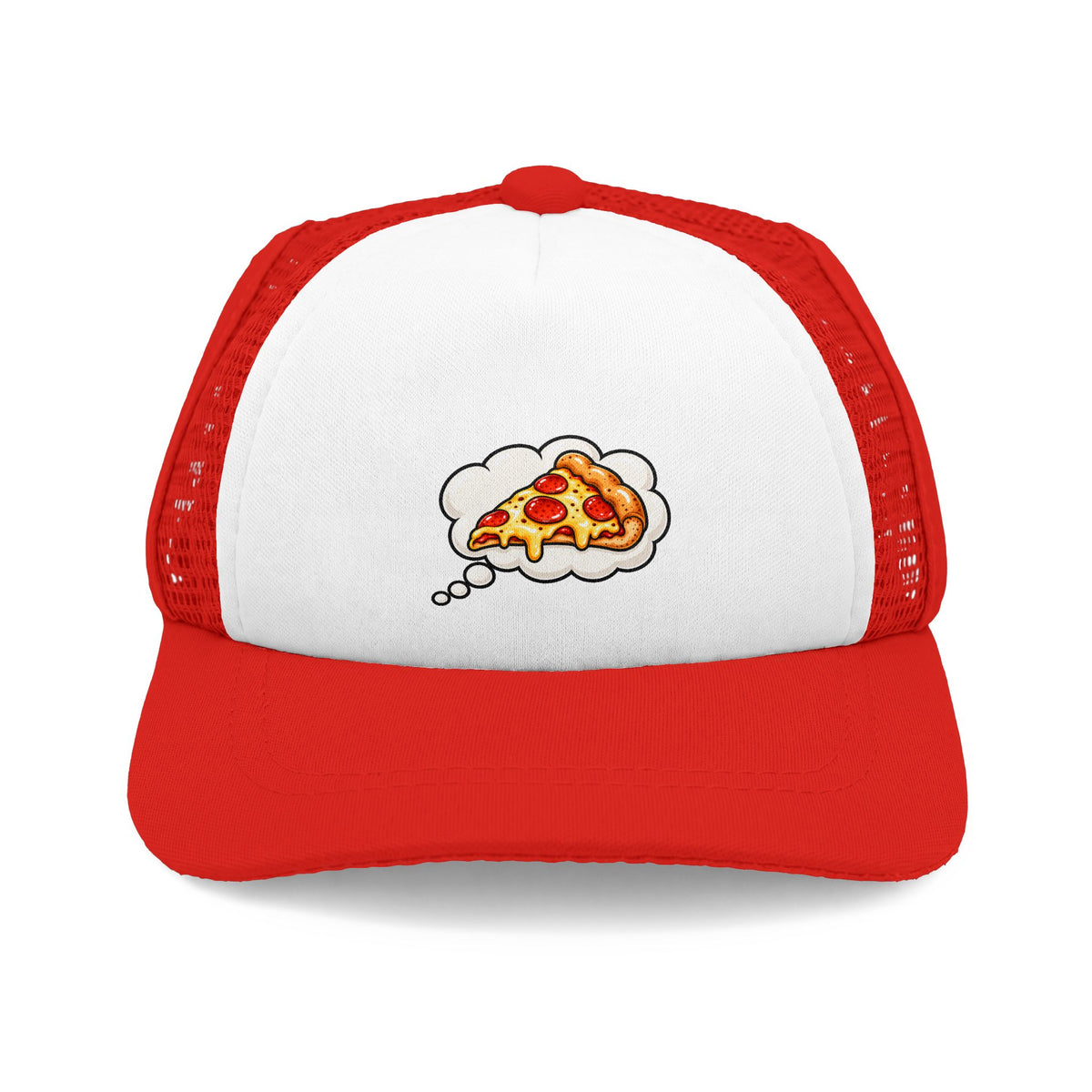 Red and white Pizza Dream dog trucker hat with cartoon pizza thought bubble graphic