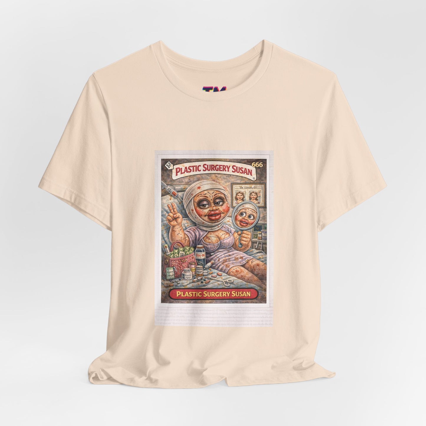 Beige Plastic Surgery Susan unisex graphic t-shirt front view soft neutral streetwear tee