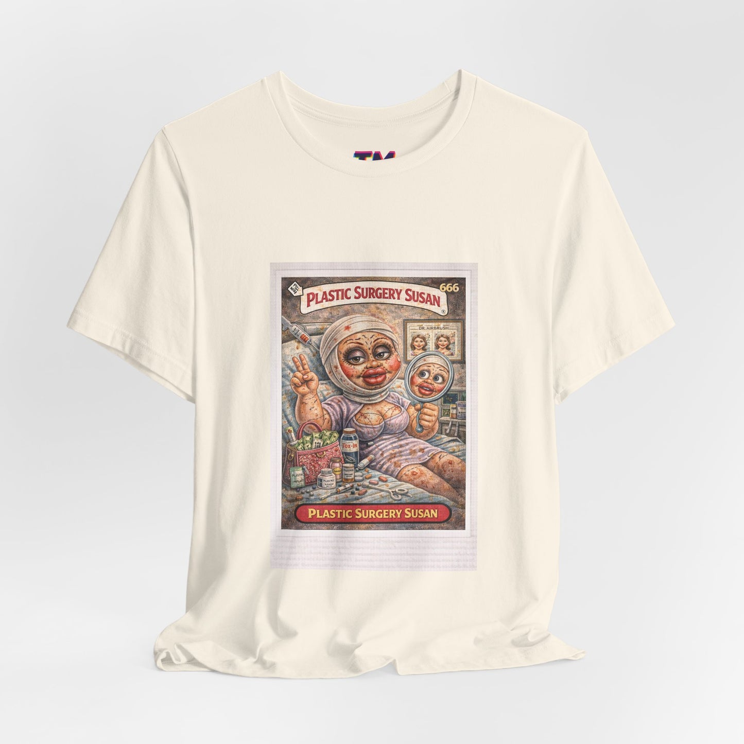Cream color Plastic Surgery Susan unisex graphic t-shirt front view vintage parody card design