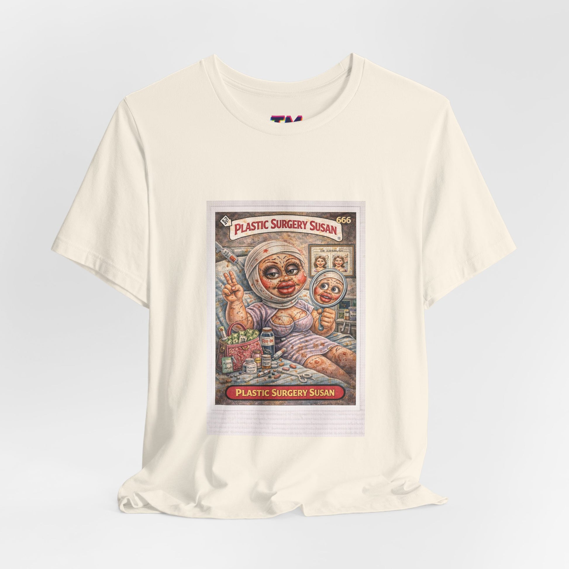 Cream color Plastic Surgery Susan unisex graphic t-shirt front view vintage parody card design