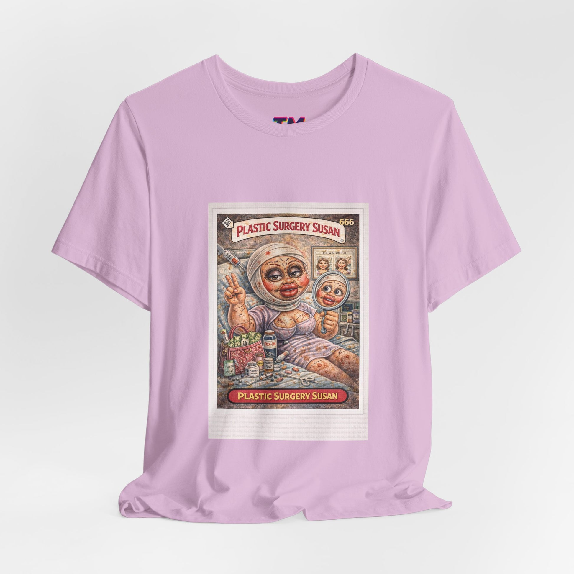 Lavender Plastic Surgery Susan unisex graphic t-shirt front view colorful retro parody artwork