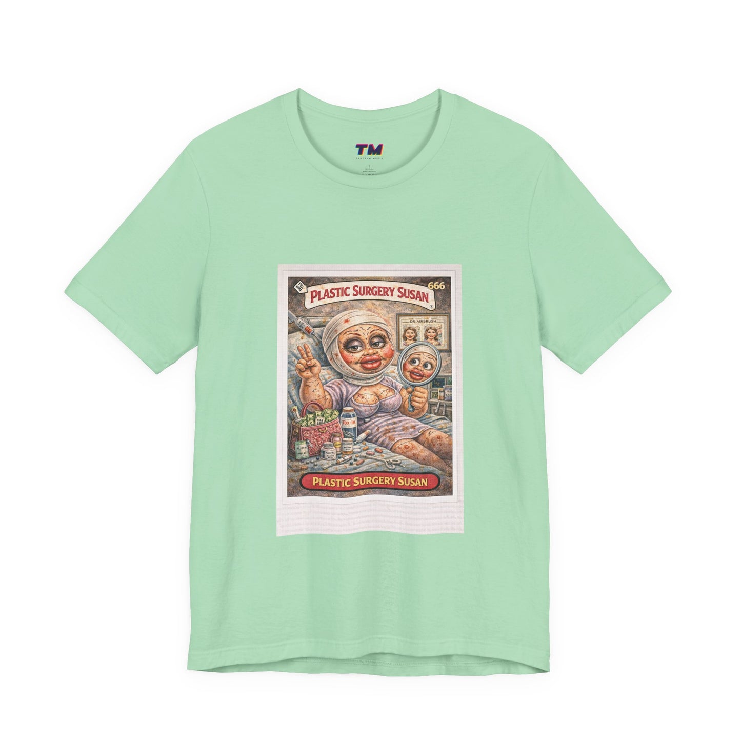 Mint green Plastic Surgery Susan unisex graphic t-shirt front view with retro parody artwork print