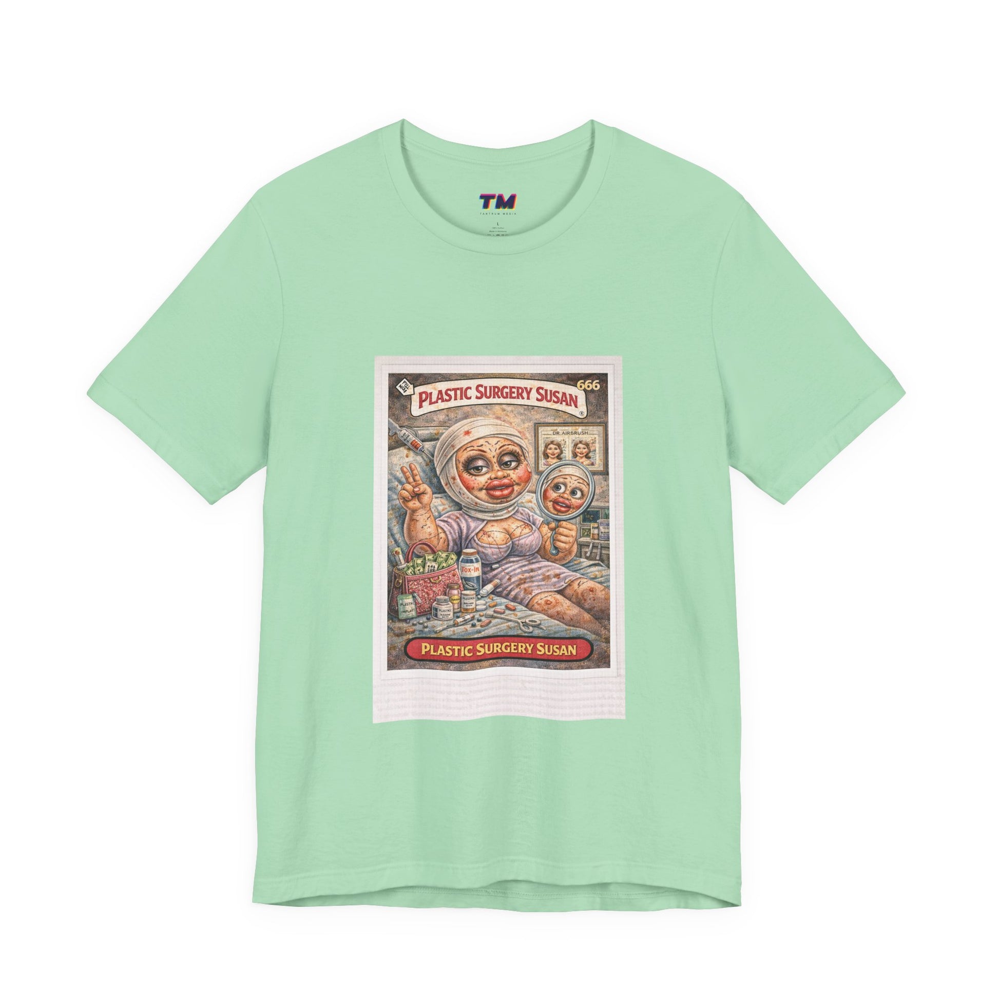 Mint green Plastic Surgery Susan unisex graphic t-shirt front view with retro parody artwork print